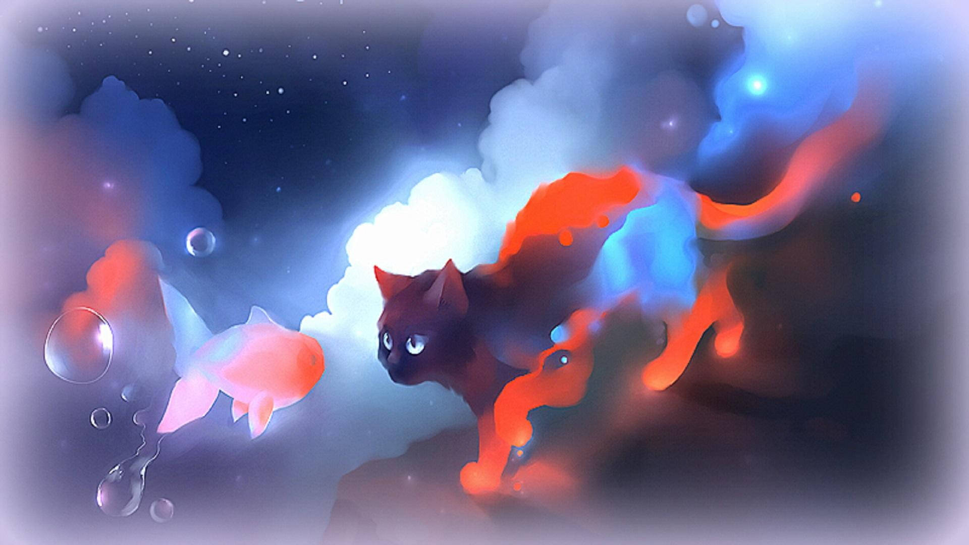 Cool Cute 桌布 壁紙 — 一隻發光的紅貓和粉紅魚游過充滿浮動氣泡和星光的夢幻宇宙星雲。