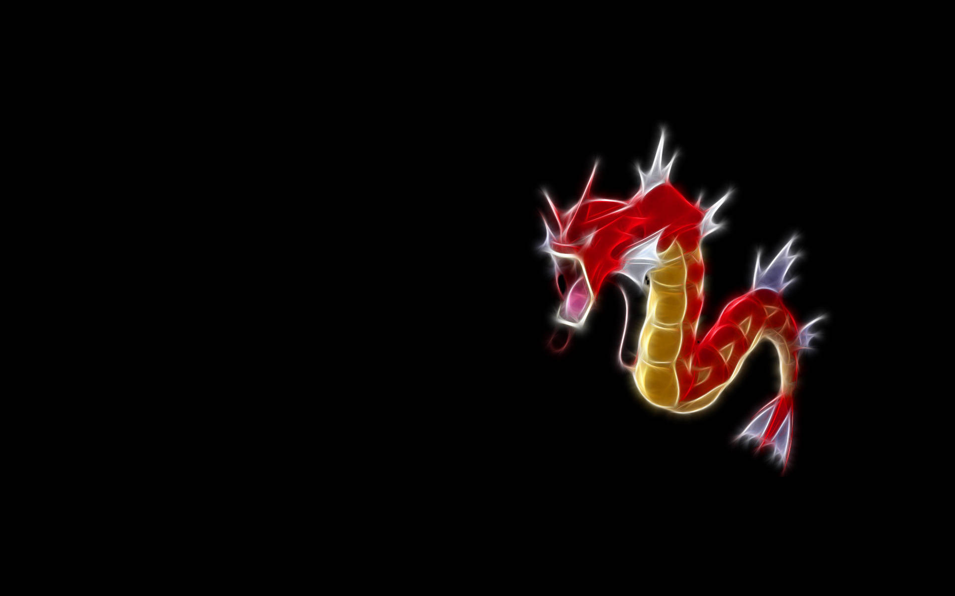 Gyarados 桌布 壁紙 — 一隻發光的紅金色龍，帶有白色尖刺，在純黑色背景上發光。