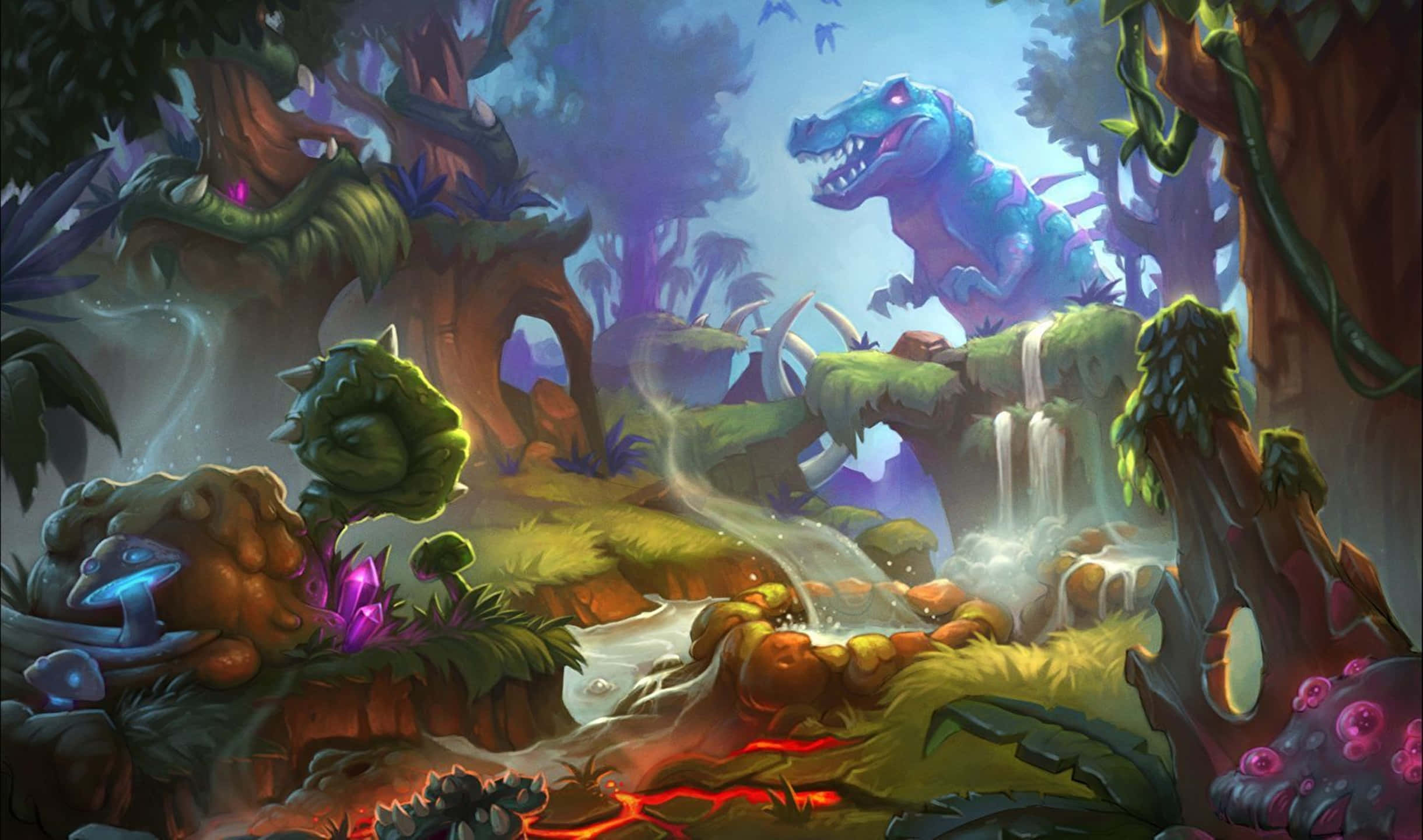 2440x1440 Hearthstone 桌布 壁紙 — 一隻發光的紫色恐龍在長滿苔蘚的懸崖上，瀑布上方咆哮，奇幻的叢林中有發光的植物和熔岩流。