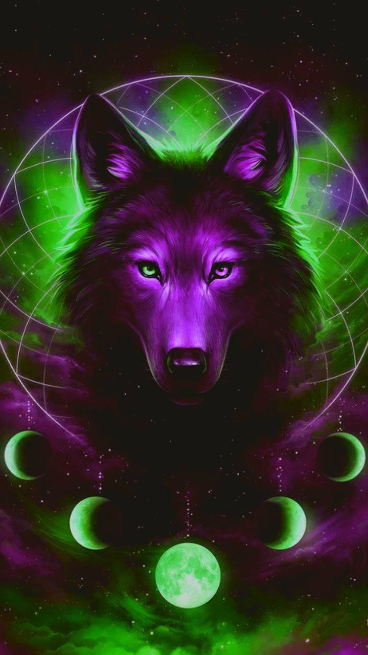 紫色狼，眼睛發光，被綠色月球和宇宙能量包圍。