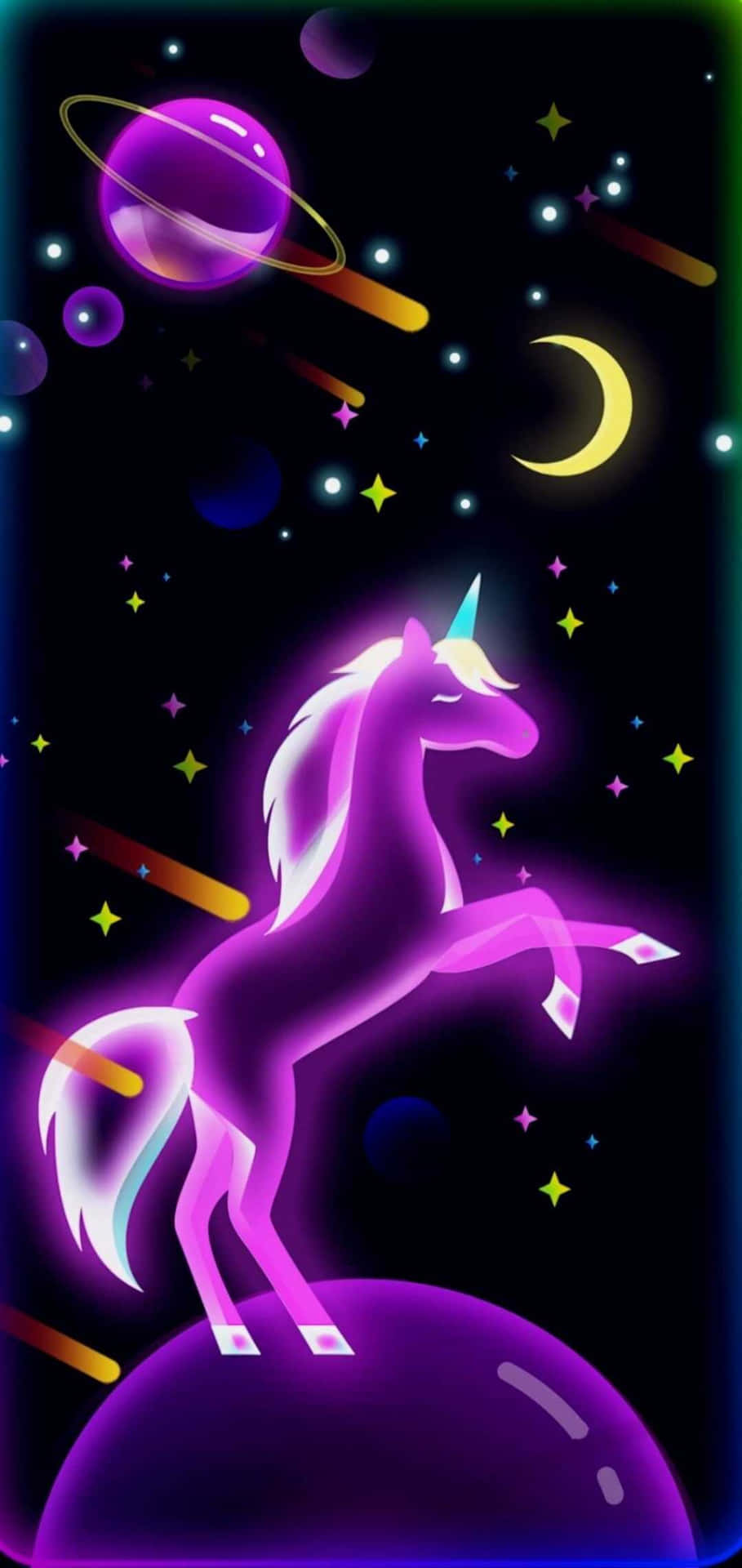 可愛的銀河動圖 桌布 壁紙 — 一隻發光的紫色獨角獸在一個行星上揚起，背景是星空宇宙，有新月和色彩繽紛的星雲。