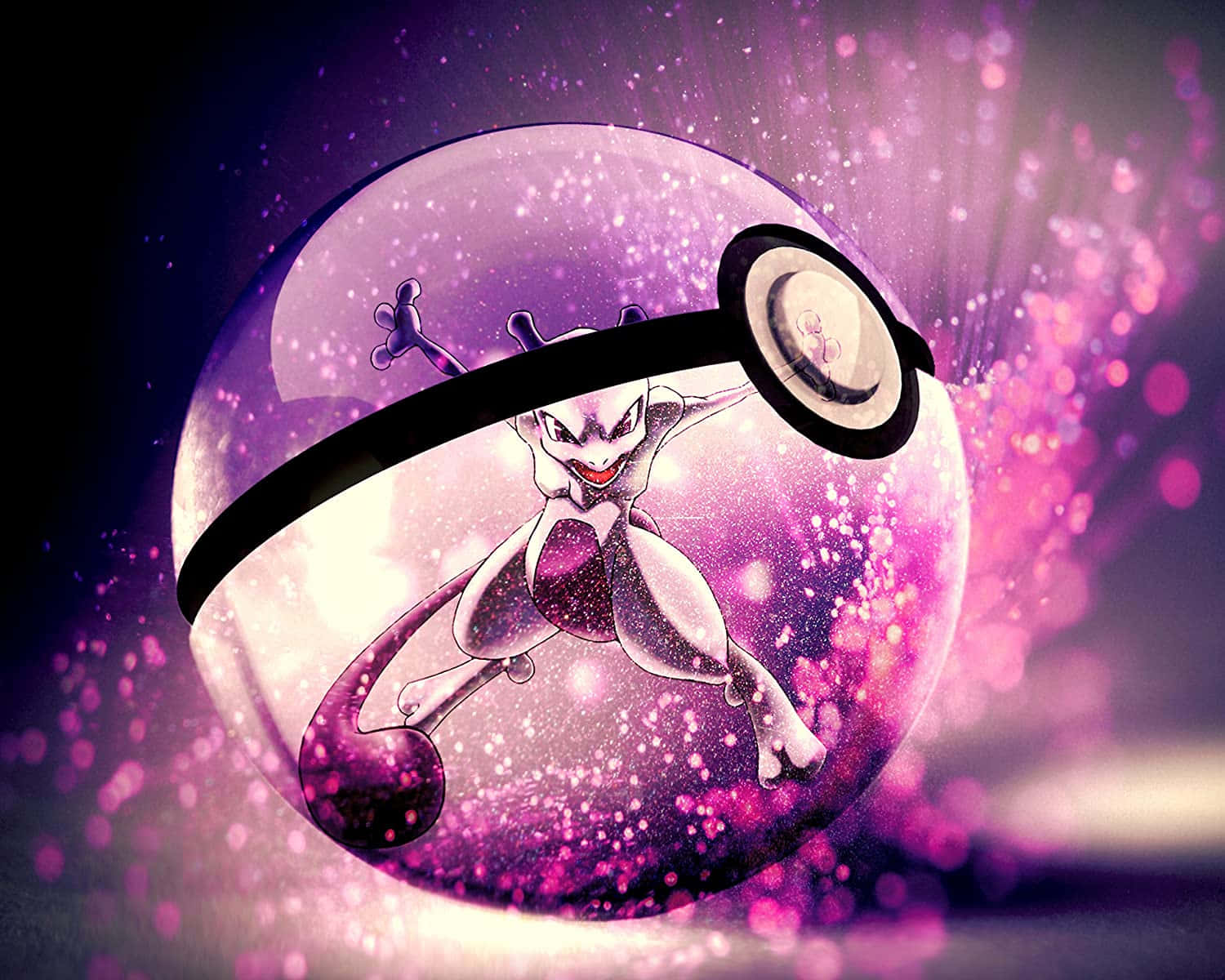 Pokemon Posters 桌布 壁紙 — 一隻發光的紫色超夢從閃爍的精靈球中動態地出現，背景是充滿光芒的粉紅色和紫色粒子。