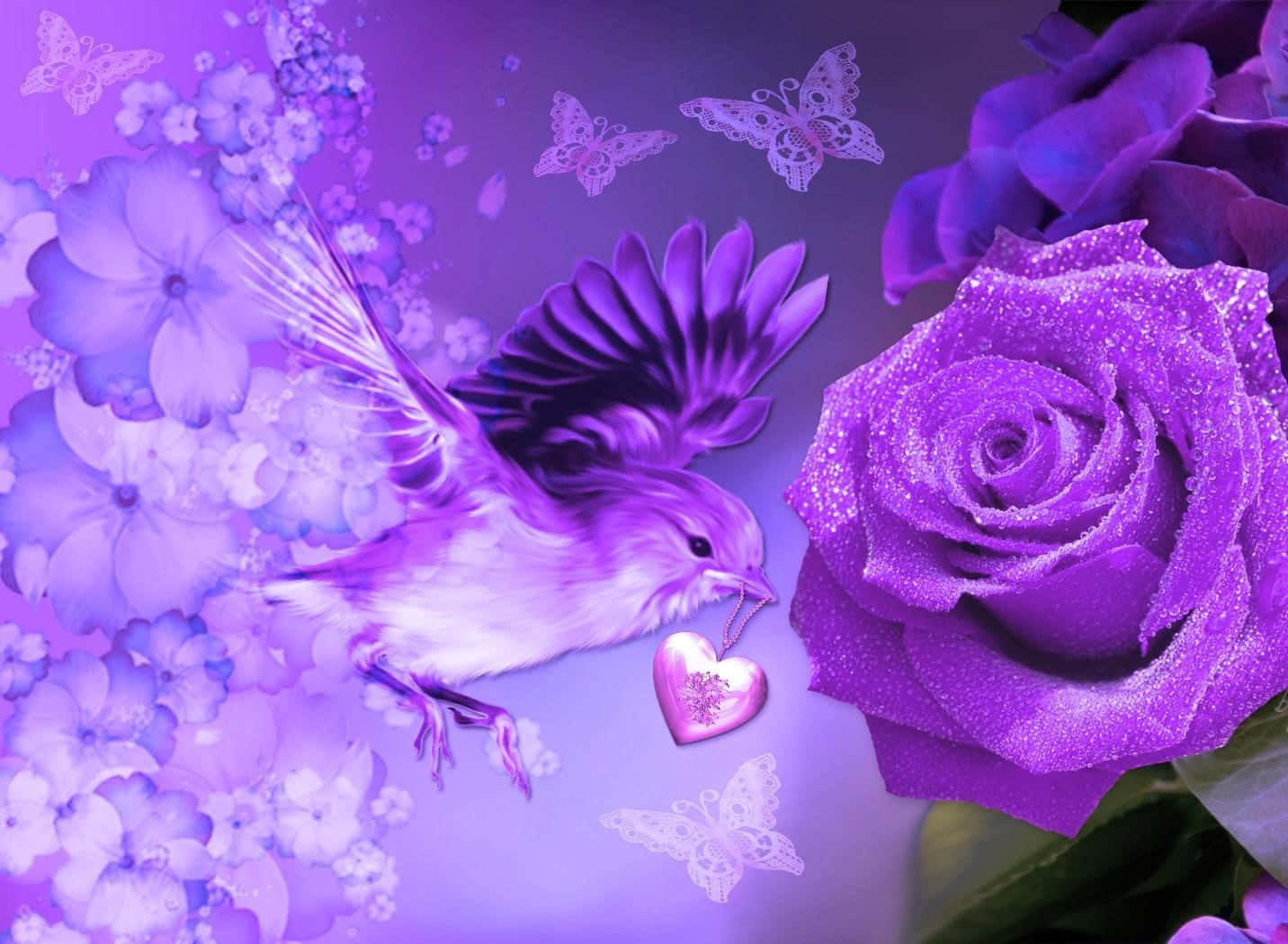 Rose Art 桌布 壁紙 — 一隻發光的紫色鳥兒在飄浮的蝴蝶和茂盛的紫色玫瑰中攜帶一個心形吊墜。