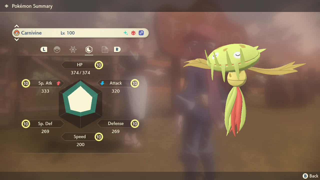 電玩遊戲 桌布 壁紙 — 一隻發光的綠色Carnivine Pokémon在等級100時，在帶有柔和模糊背景的遊戲介面中顯示完美數值。