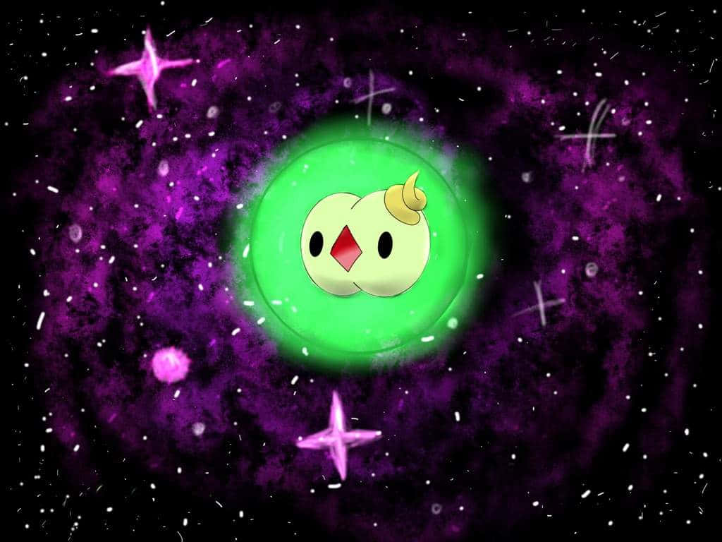 寶可夢 桌布 壁紙 — 一隻發光的綠色卡通小雞，有著紅色鑽石喙，漂浮在點綴著粉紅色星星的旋轉紫色宇宙星雲中。