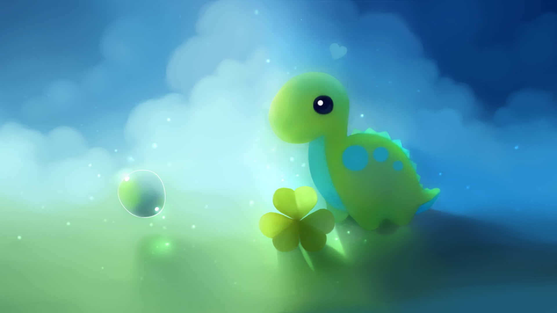 Cute Dinosaur 桌布 壁紙 — 一隻發光的綠色卡通恐龍站在四葉草旁邊，背景是柔和的藍天，漂浮著氣泡和愛心。