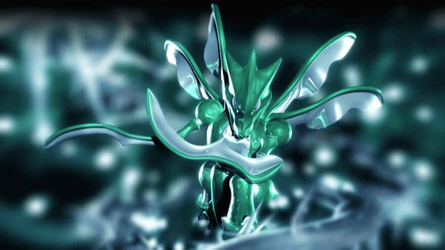 Scyther 桌布 壁紙 — 一隻發光的綠色和銀色龍形生物，帶有流動的翅膀，從迷霧黑暗的背景中浮現。