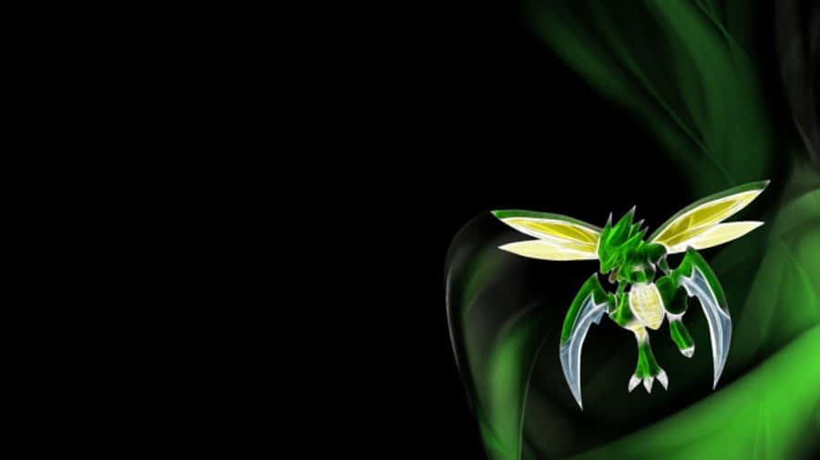 Scyther 桌布 壁紙 — 一隻發光的綠色和黃色蜻蜓狀生物，帶有半透明翅膀，在黑暗背景中盤旋，周圍有旋轉的綠色煙霧。