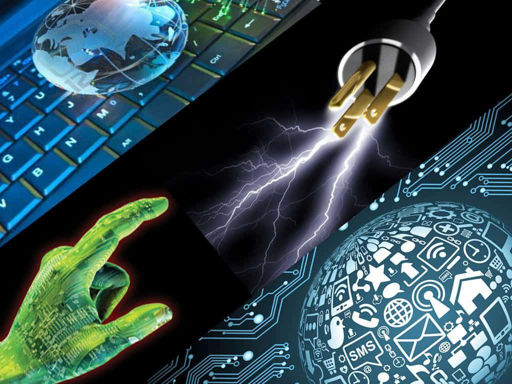 Electronics 桌布 壁紙 — 一隻發光的綠色數位手指向一道閃電，連接插頭到一個科技圖示地球和一個帶有全息地球的鍵盤。