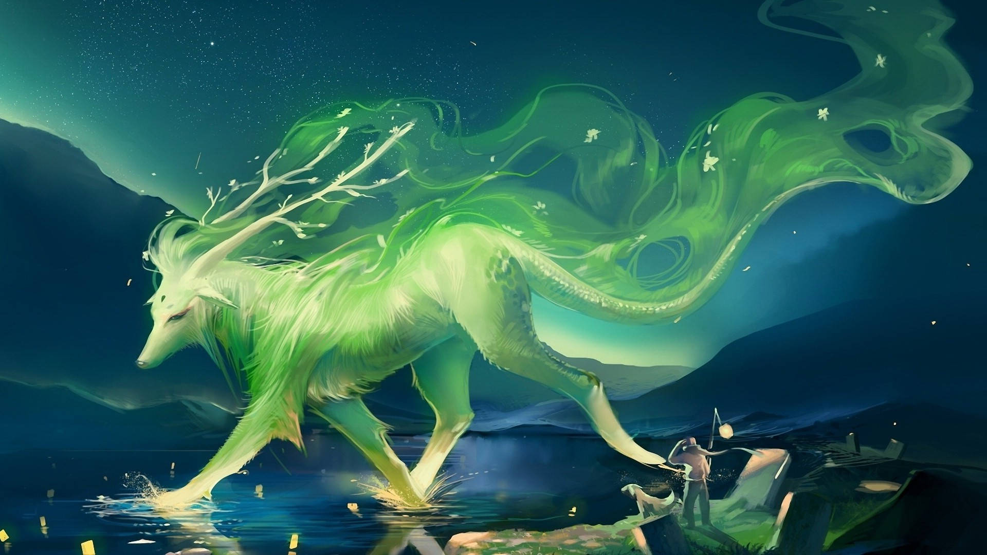 綠色 桌布 壁紙 — 一隻發光的綠色狐狸，擁有飄逸空靈的皮毛和鹿角，在繁星點點的夜空下從水中躍起。