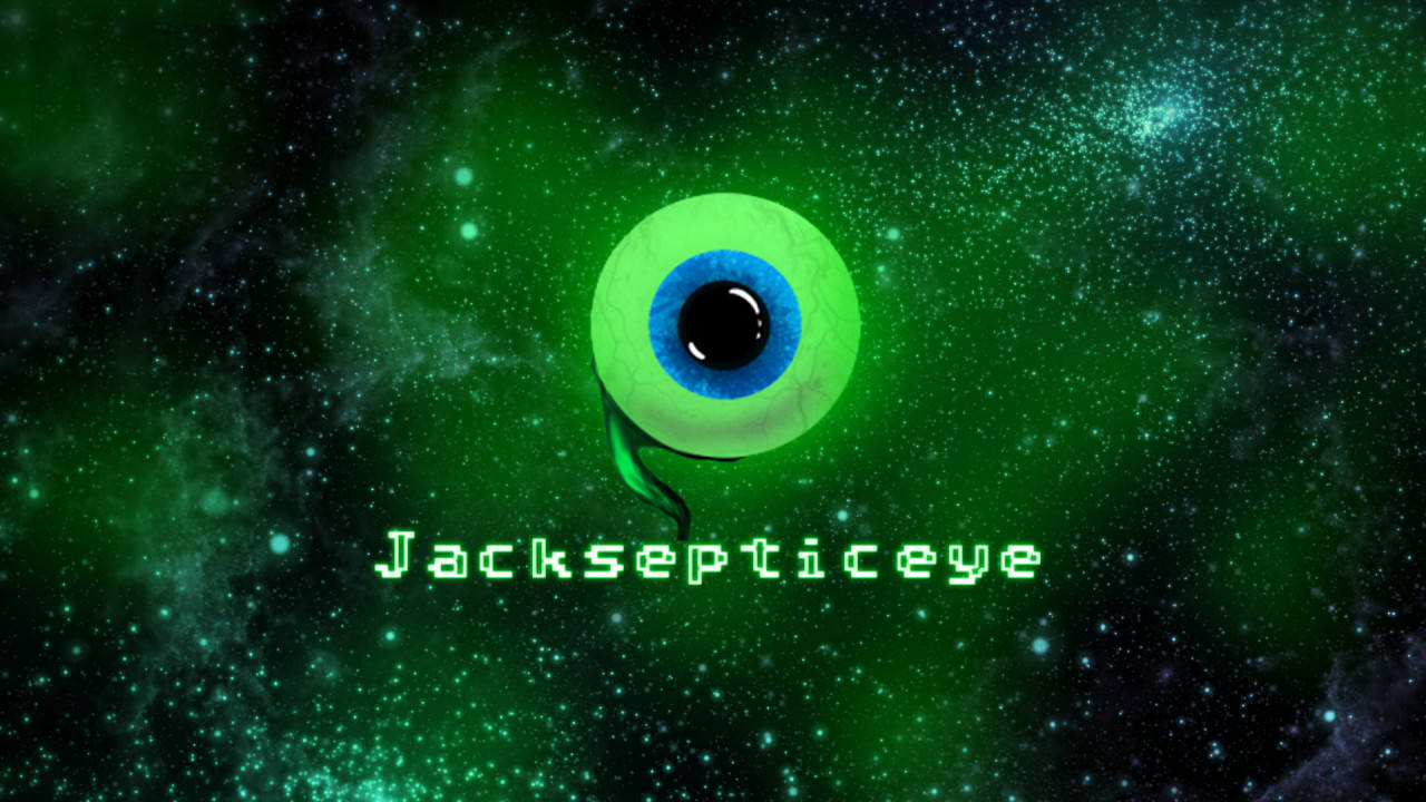 Jacksepticeye 桌布 壁紙 — 一隻發光的綠色眼睛，帶有藍色虹膜，漂浮在滿是星空的宇宙綠色星雲中，下方有像素化文字。