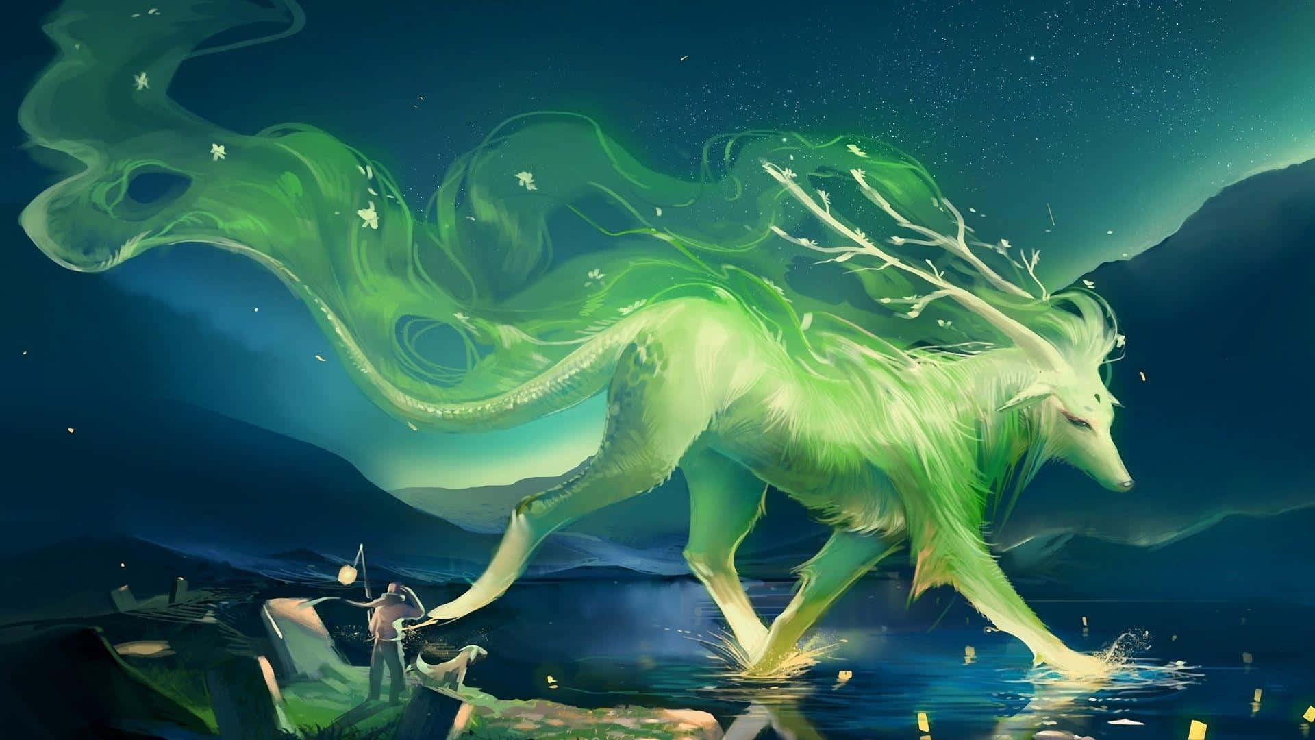 寵物動圖 桌布 壁紙 — 一隻發光的綠色神話狐狸帶著流動的能量痕跡，在星空下的水中行走，一個小人影在岸邊觀看。