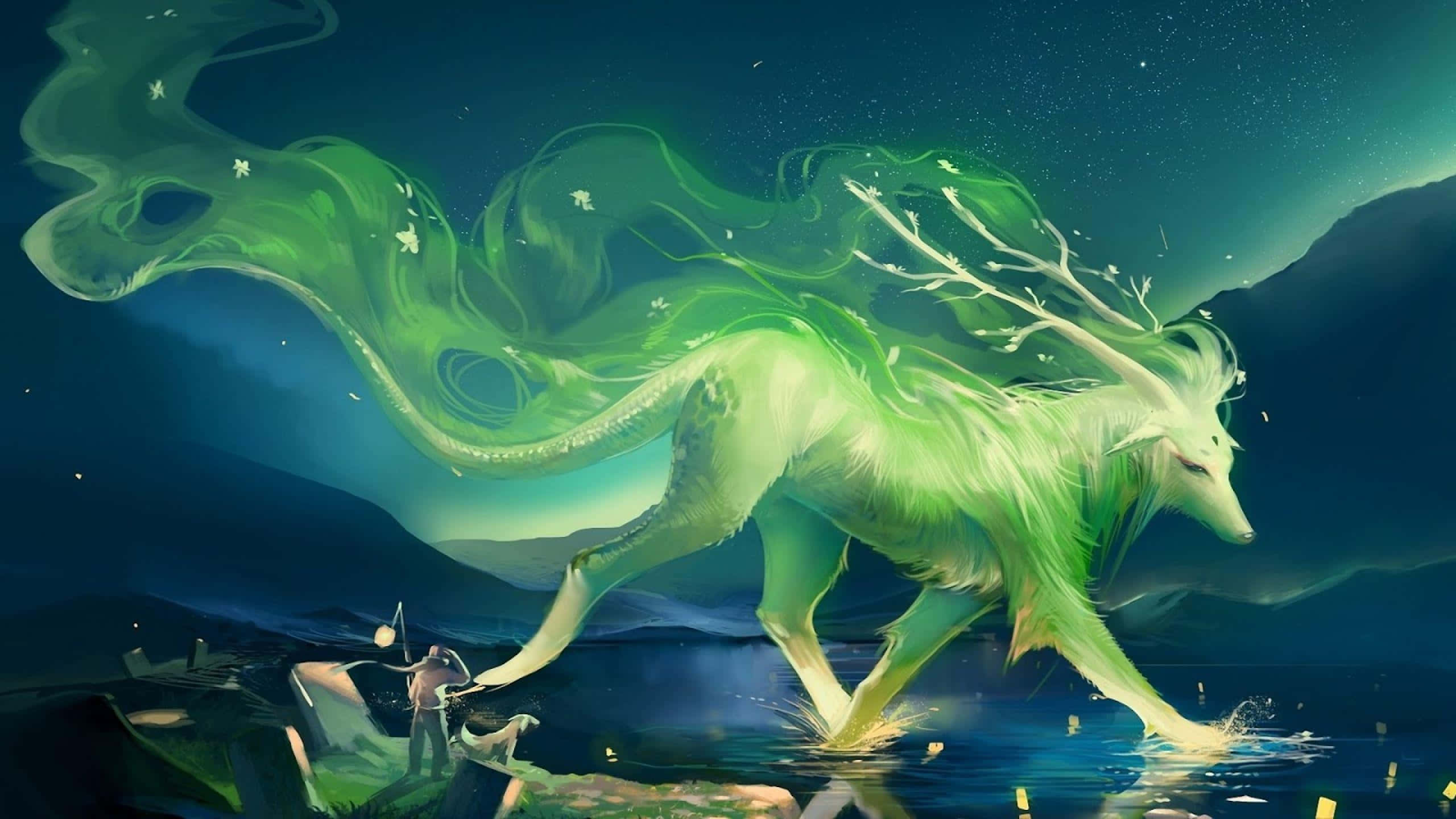 Winged Wolf 桌布 壁紙 — 一隻發光的綠色神話狐狸帶著流動的能量痕跡，在星空下涉水而行，一個小人影在岸邊觀望。