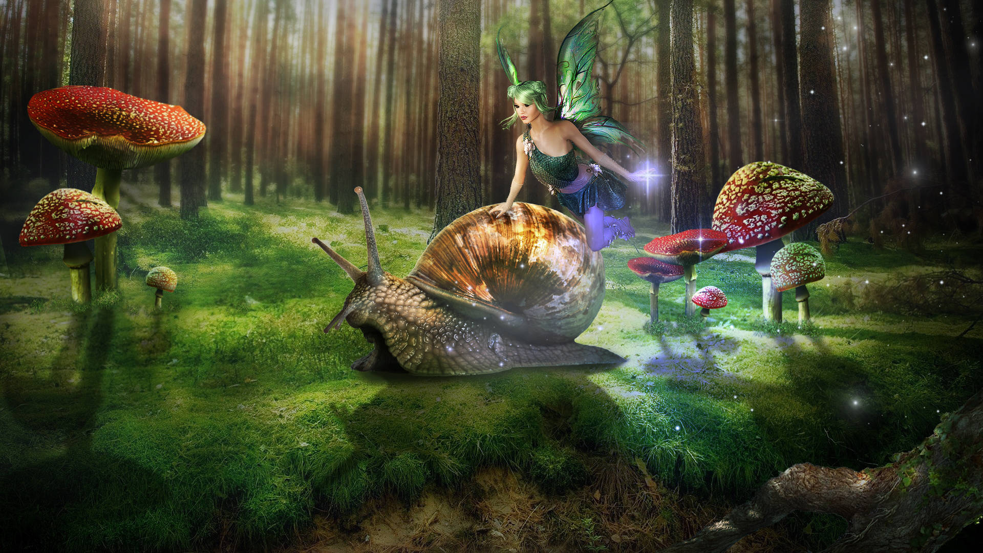 Fairy Grunge 桌布 壁紙 — 一隻發光的綠色翅膀仙女騎著一隻巨大的蝸牛，穿過一個充滿超大型紅色蘑菇和斑駁陽光的神秘森林。