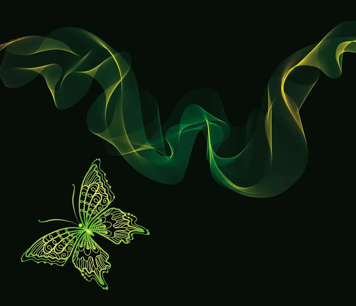 Green Butterfly 桌布 壁紙 — 一隻發光的綠色蝴蝶帶有複雜圖案，在黑色背景上靠近旋轉的霓虹綠色煙霧飛翔。
