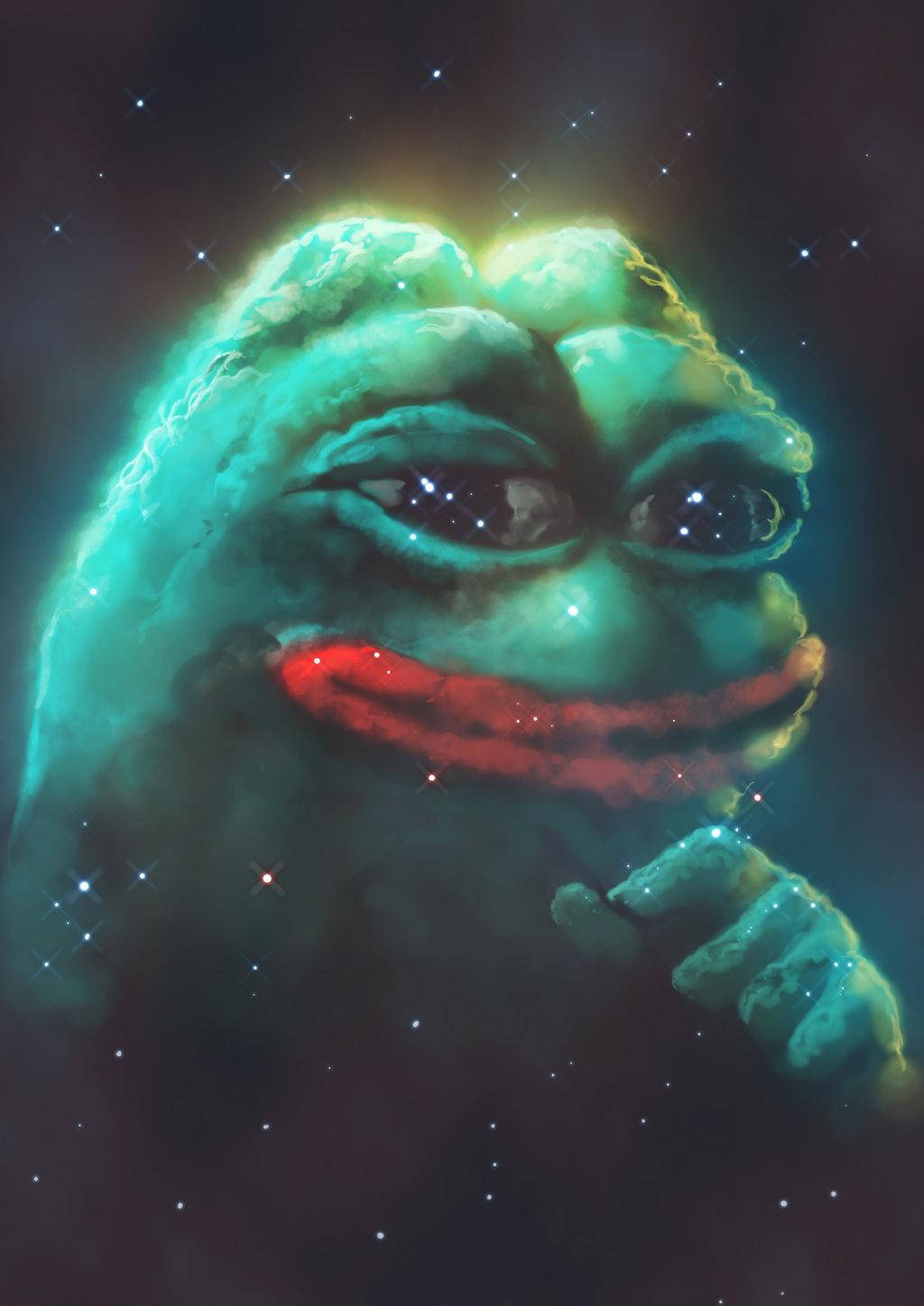 Pepe 桌布 壁紙 — 一隻發光的綠色青蛙，有著紅色的嘴巴和星星般的眼睛，漂浮在宇宙星雲中，背景是黑暗的星空。