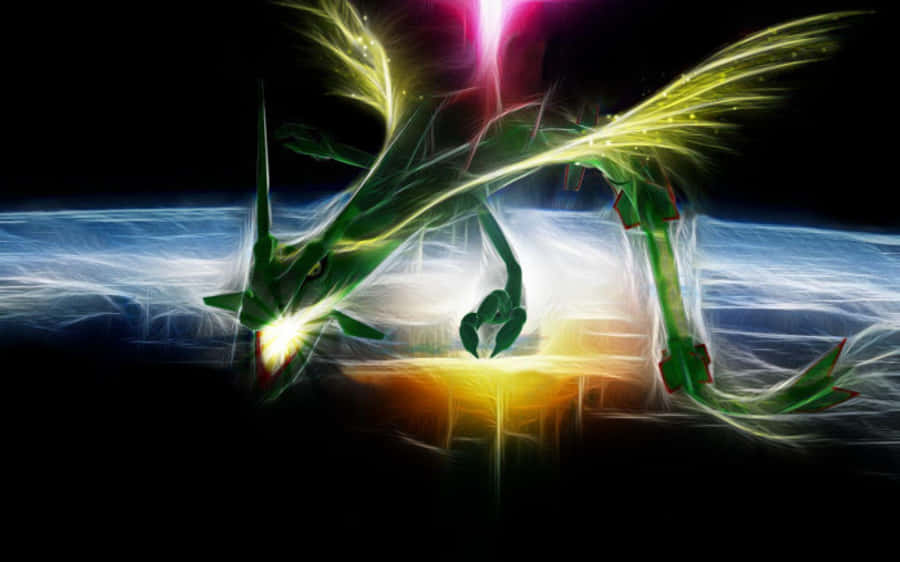 Salamence 桌布 壁紙 — 一隻發光的綠色龍，帶有火焰翅膀，在行星上空翱翔，在宇宙背景下發出光芒。