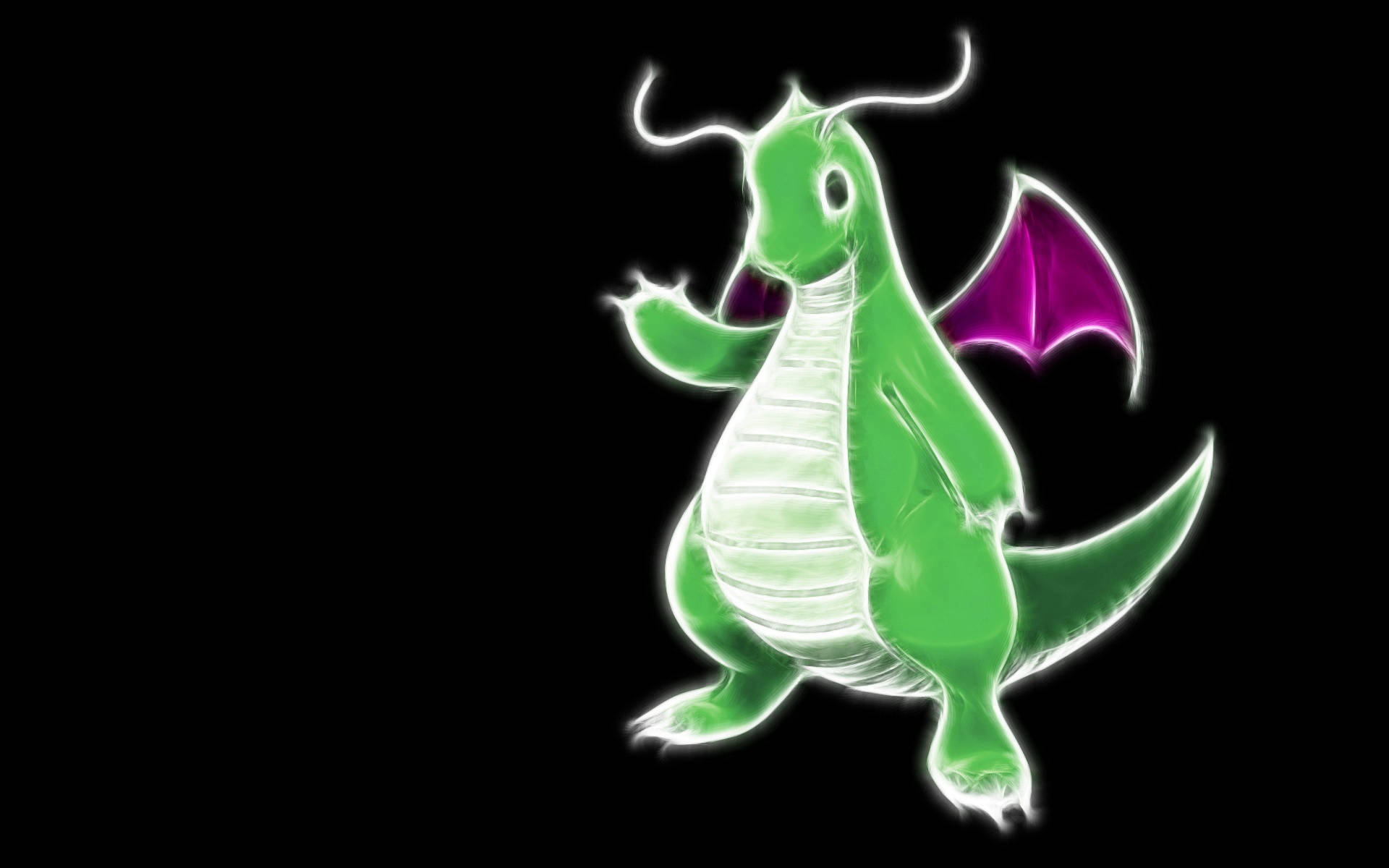 Dragonite 桌布 壁紙 — 一隻發光的綠色龍，帶有紫色翅膀和白色輪廓，站在黑色背景前。
