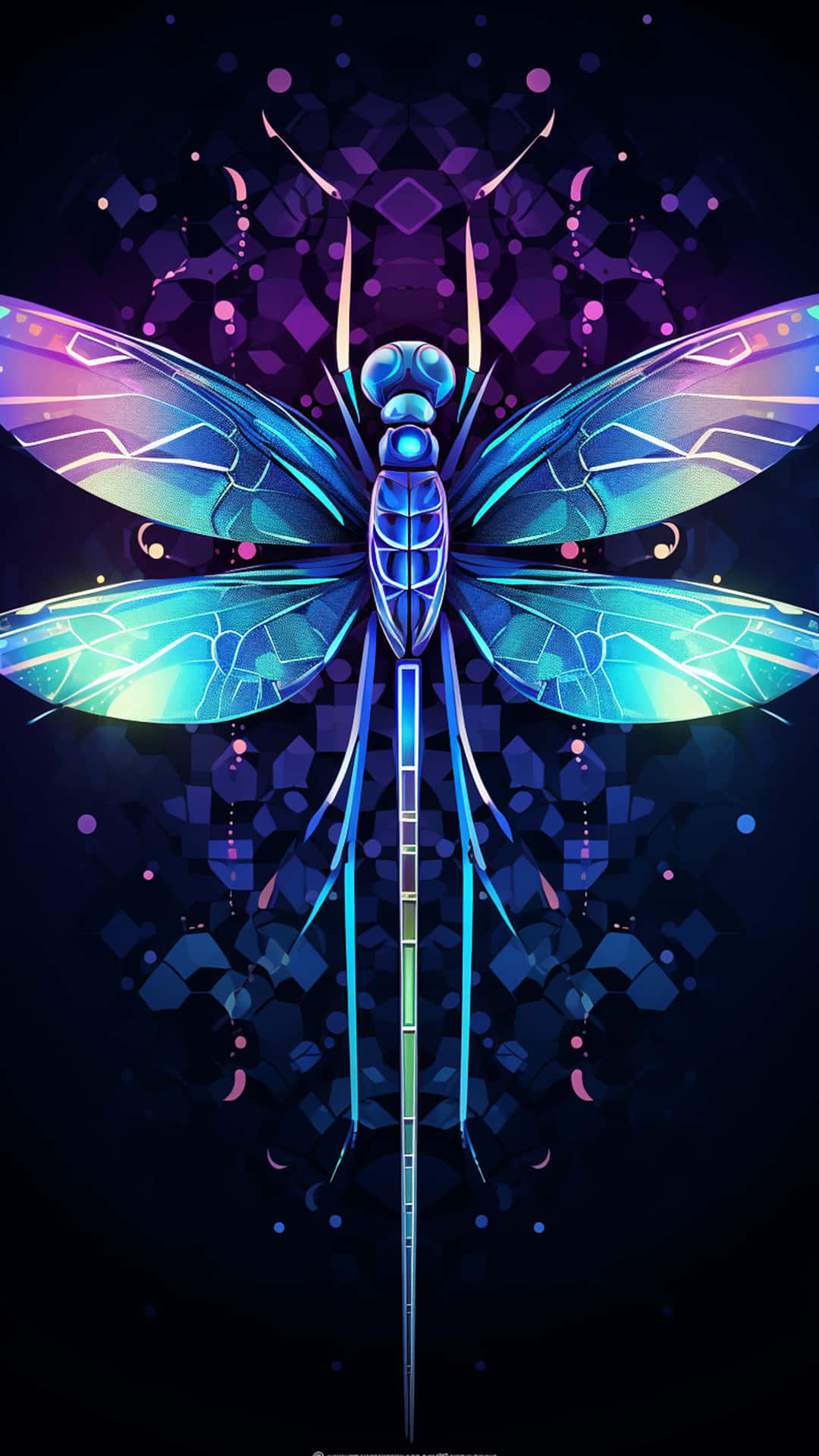 Colourful multiple butterfly and colourful neon light background 壁紙 — 一隻發光的藍紫色蜻蜓，帶有複雜的翅膀和幾何圖案，在黑暗的宇宙背景中盤旋。