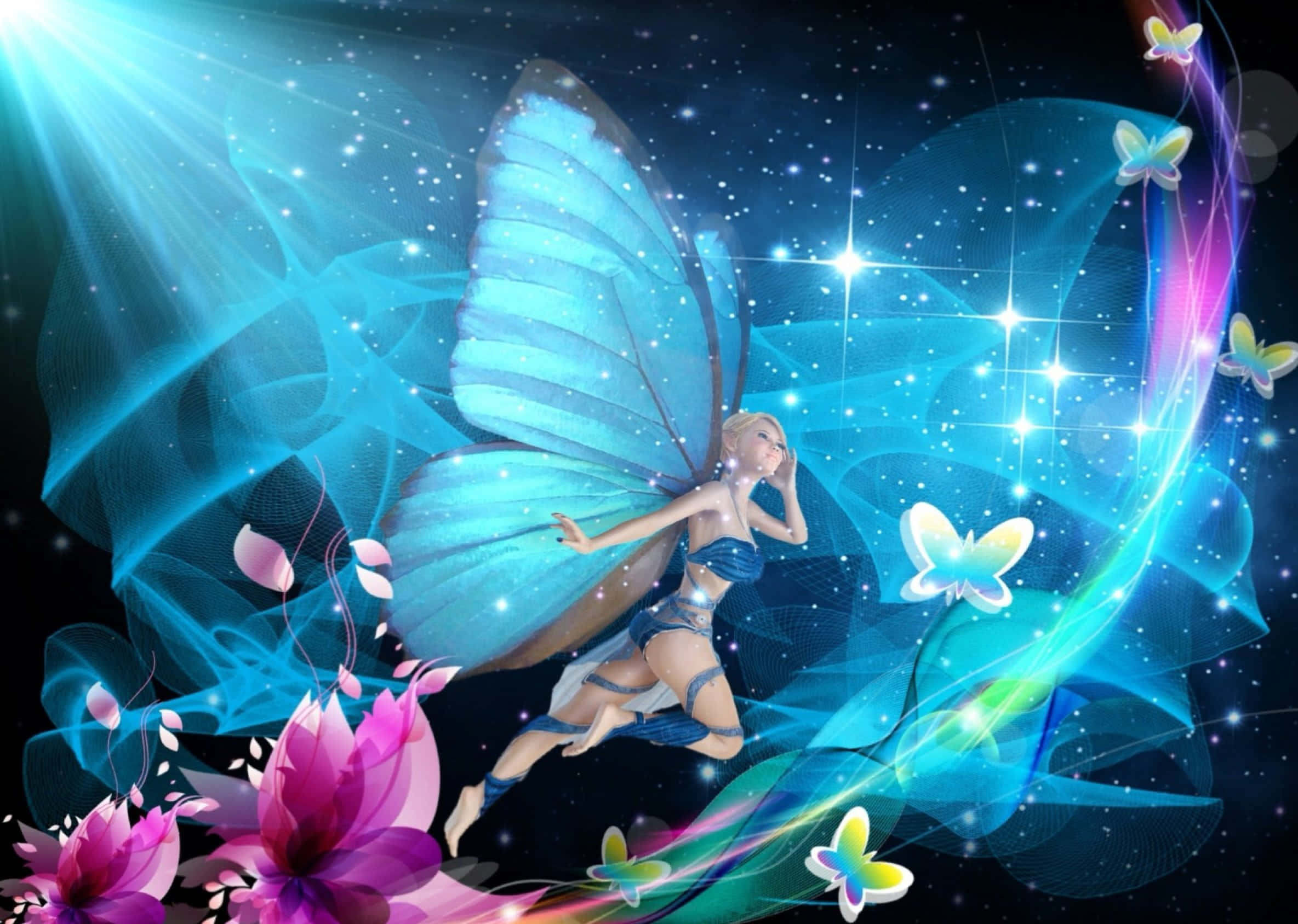 Cute Fairy 桌布 壁紙 — 一隻發光的藍翼仙子漂浮在宇宙漩渦和閃爍星星之間，下方有鮮豔的粉紅色花朵。