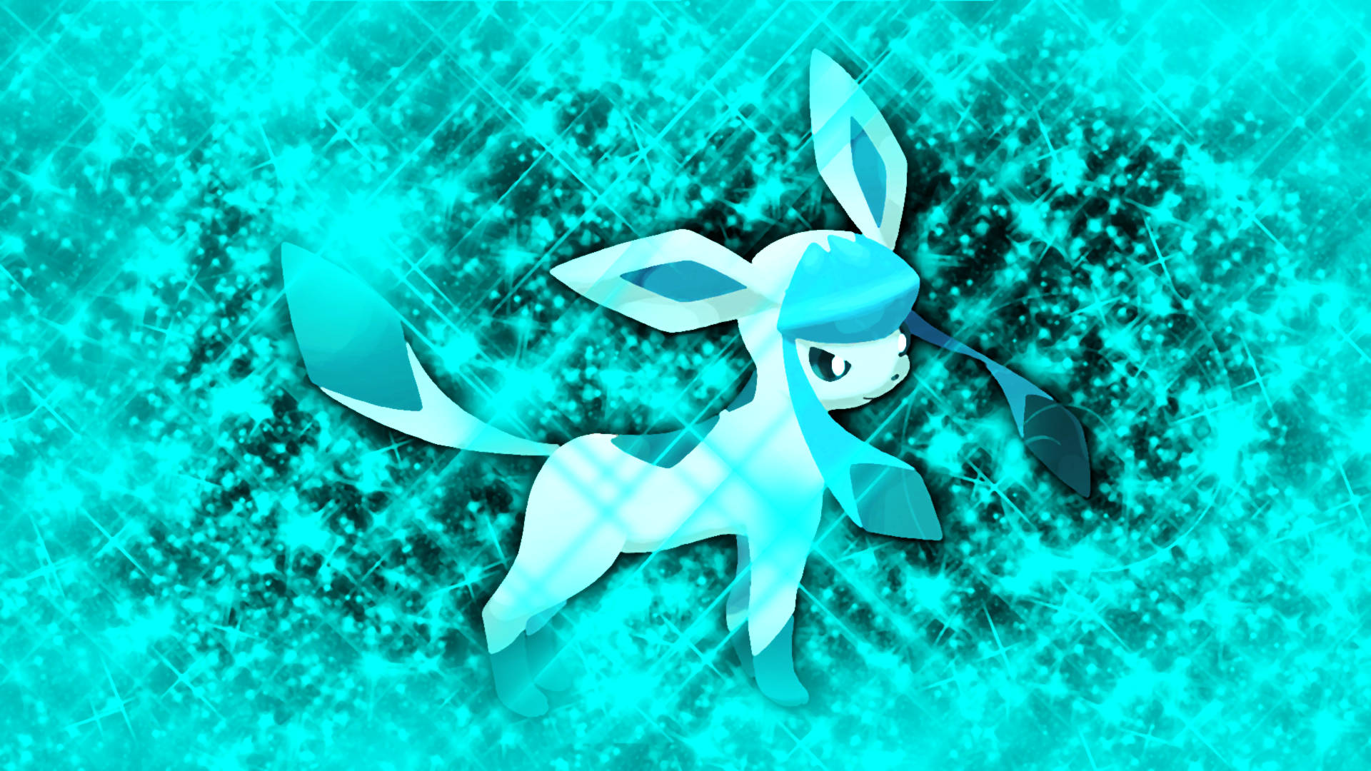 Glaceon 桌布 壁紙 — 一隻發光的藍色冰伊布站在閃爍的青色背景前，帶有星爆效果。