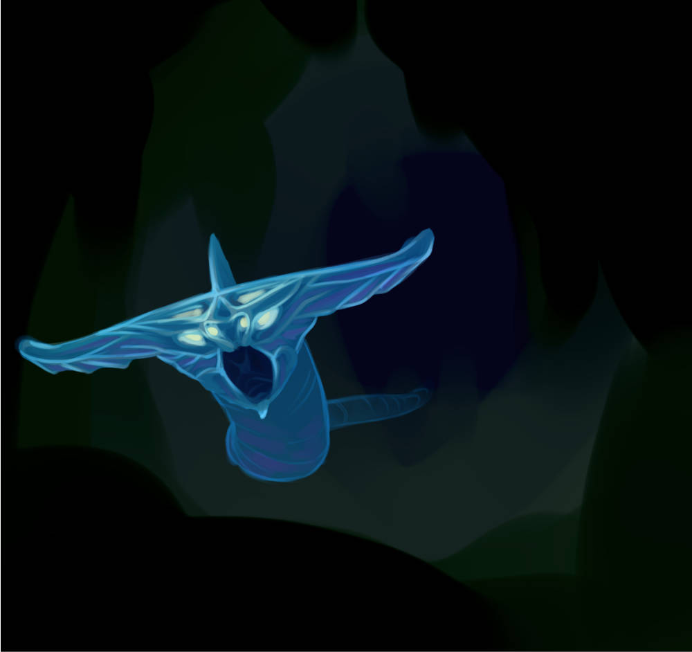 ghost leviathan 桌布 壁紙 — 一隻發光的藍色半透明生物，展開翅膀，眼睛發光，在一個黑暗的洞穴般的空間中盤旋。