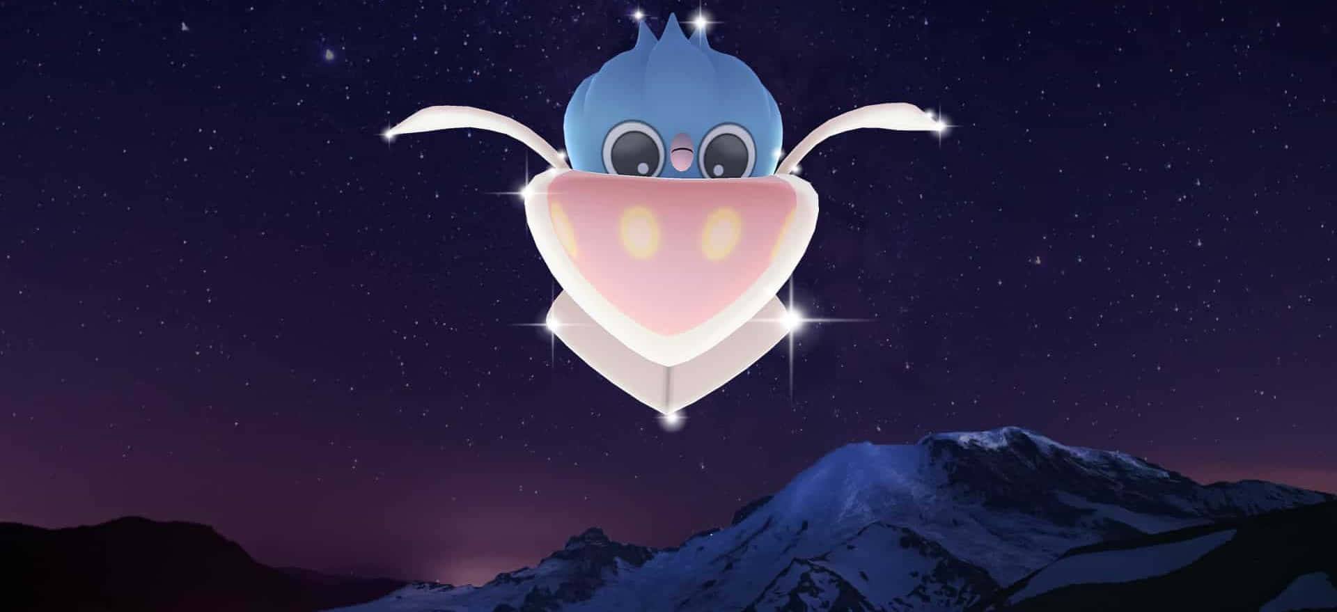 寶可夢 桌布 壁紙 — 一隻發光的藍色卡通寶可夢在星空下漂浮在雪山之上。