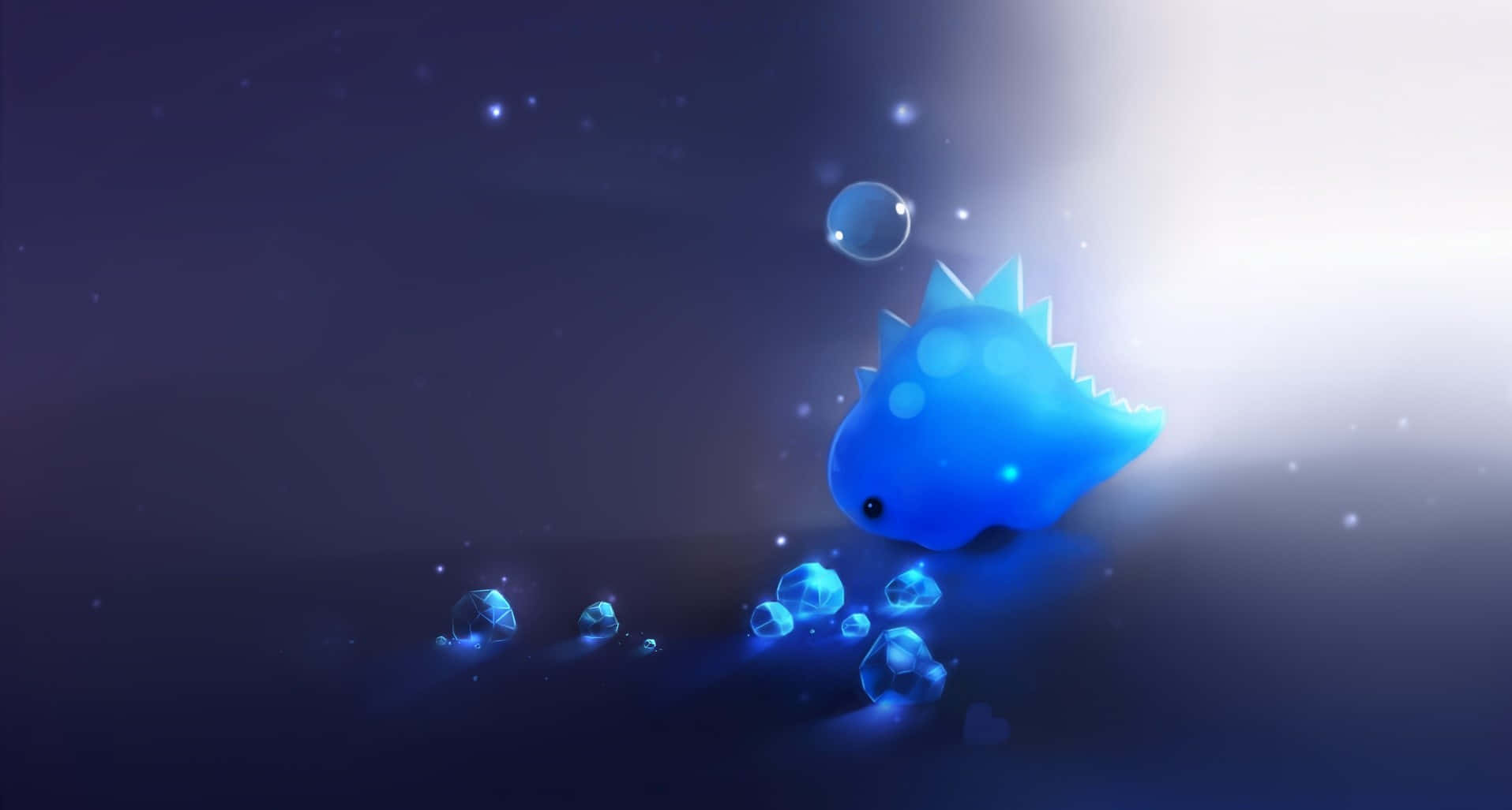 Dino 桌布 壁紙 — 一隻發光的藍色卡通恐龍在深水中寧靜地漂浮，向明亮光源釋放出閃爍的氣泡。