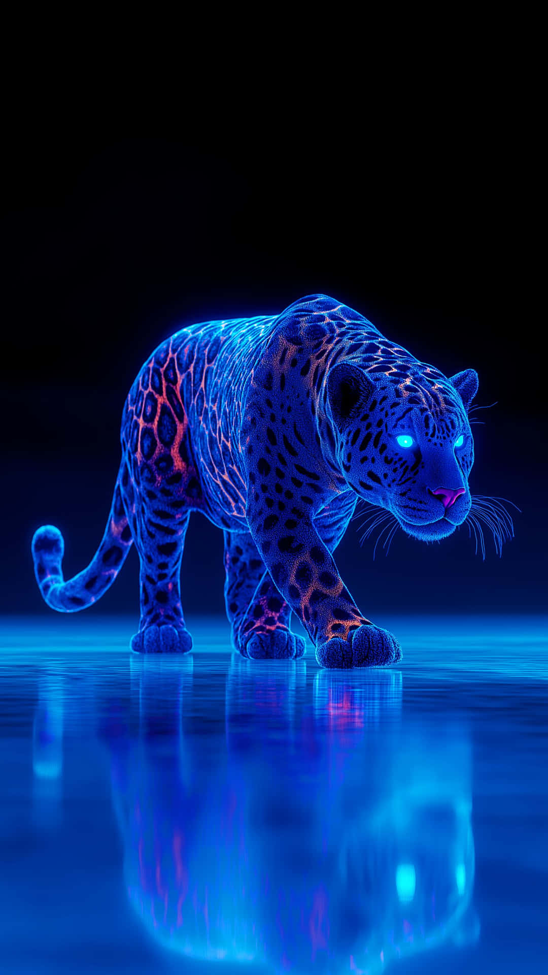 A majestic glowing blue jaguar with electric patterns walks on a reflective surface 壁紙 — 一隻發光的藍色和粉紅色霓虹美洲豹在黑色背景下的反光表面上向前邁步。