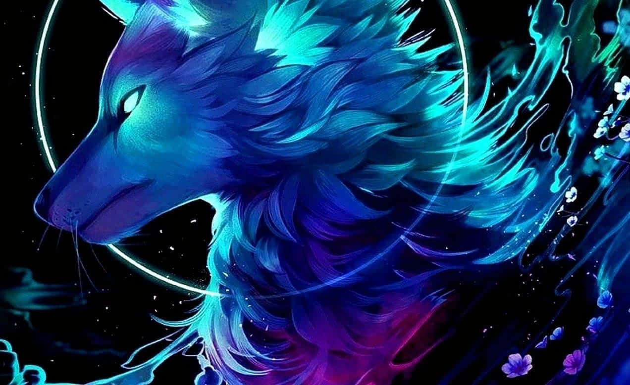 graphic art 桌布 壁紙 — 一隻發光的藍色和紫色狼，毛髮飄逸，站在宇宙背景前，周圍有漂浮的花朵和發光的環。