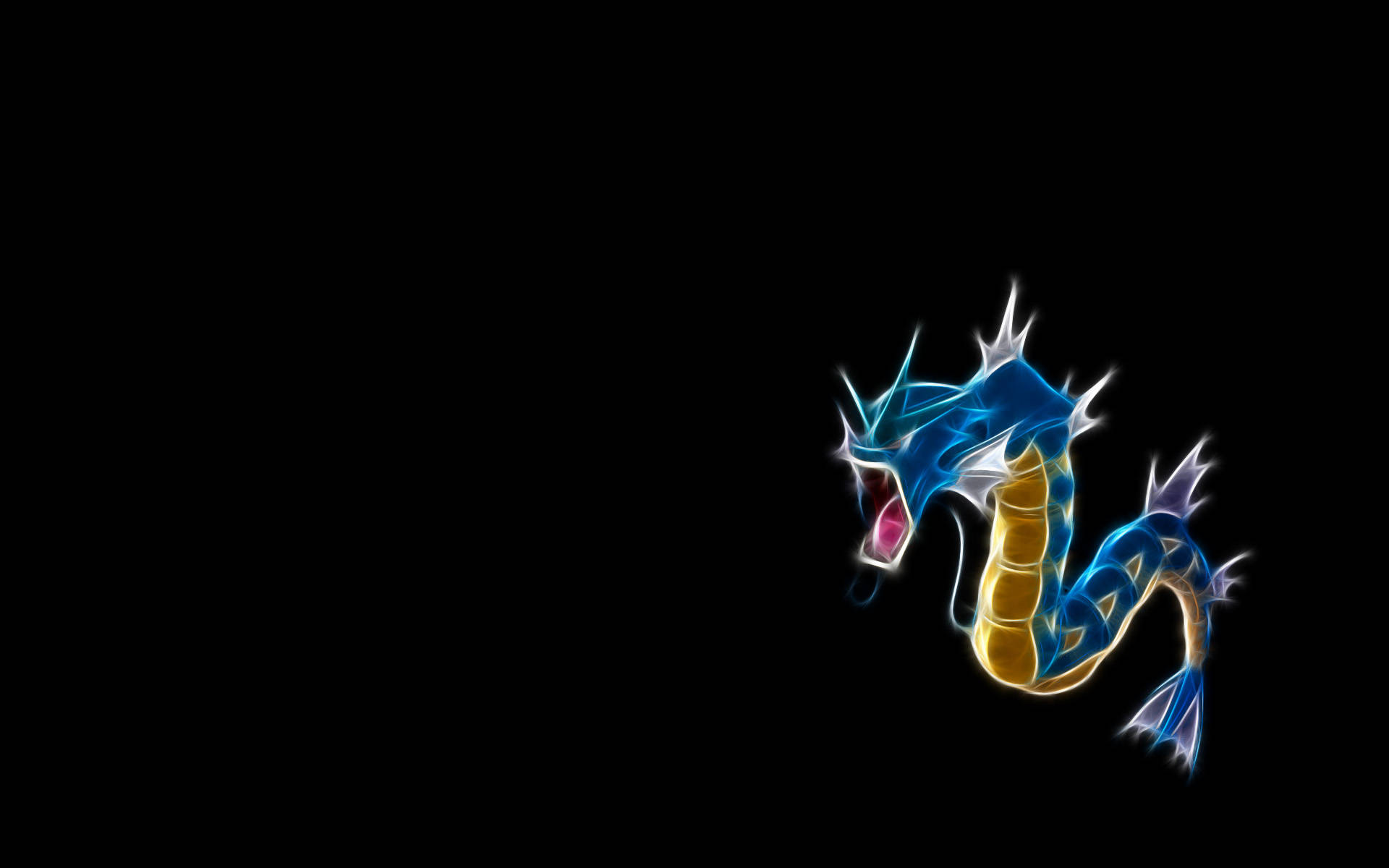 Gyarados 桌布 壁紙 — 一隻發光的藍色和金色龍，帶有尖銳的刺和張開的嘴，在純黑色背景上脫穎而出。