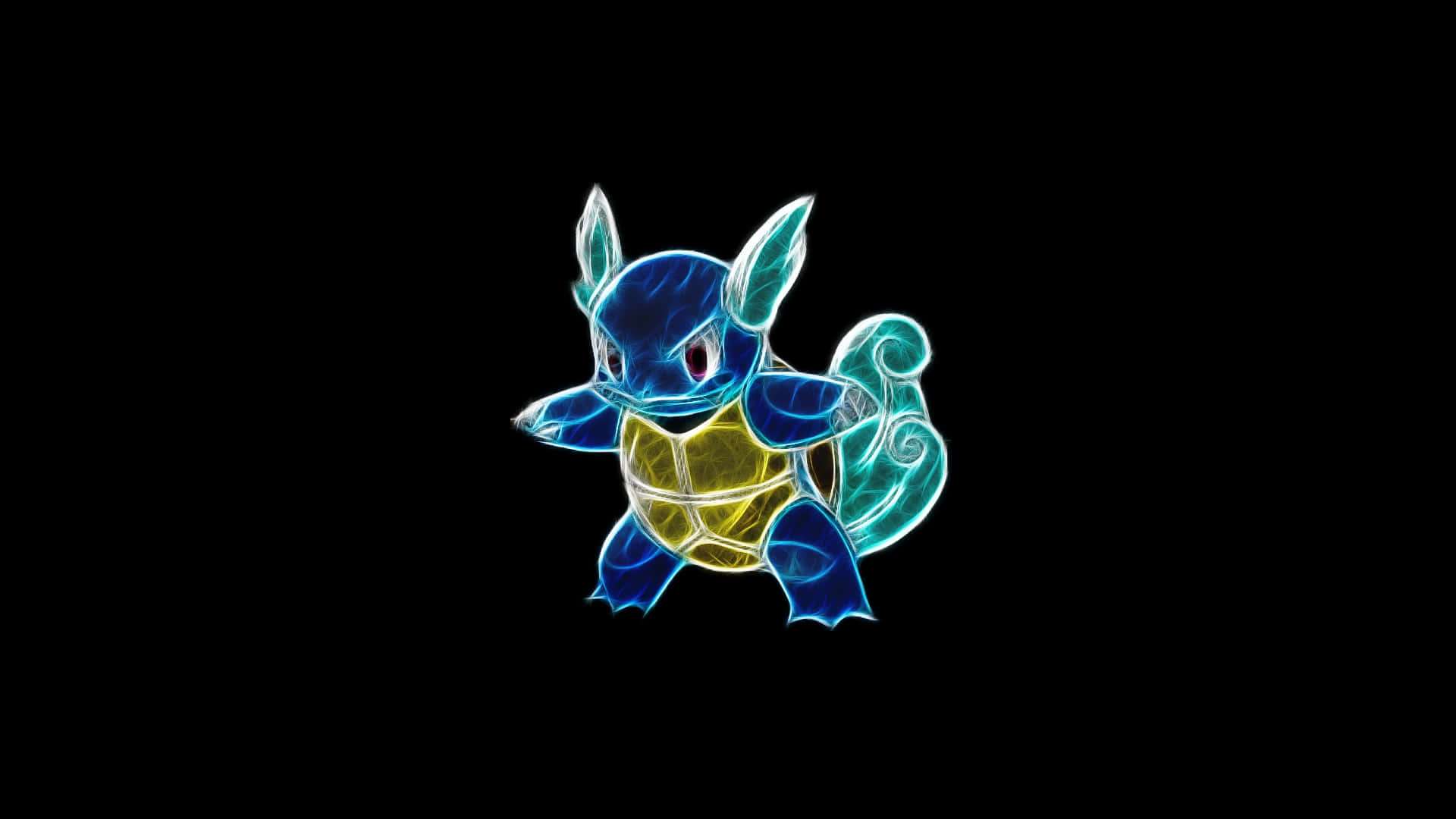 wartortle 桌布 壁紙 — 一隻發光的藍色和黃色寶可夢，擁有半透明的翅膀和旋轉的尾巴，站在黑色背景前。
