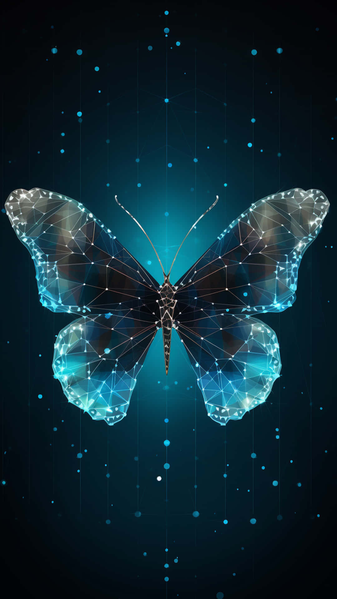 butterfly new design black 壁紙 — 一隻發光的藍色多邊形蝴蝶，帶有線框翅膀，漂浮在點綴著發光粒子的深青色背景上。