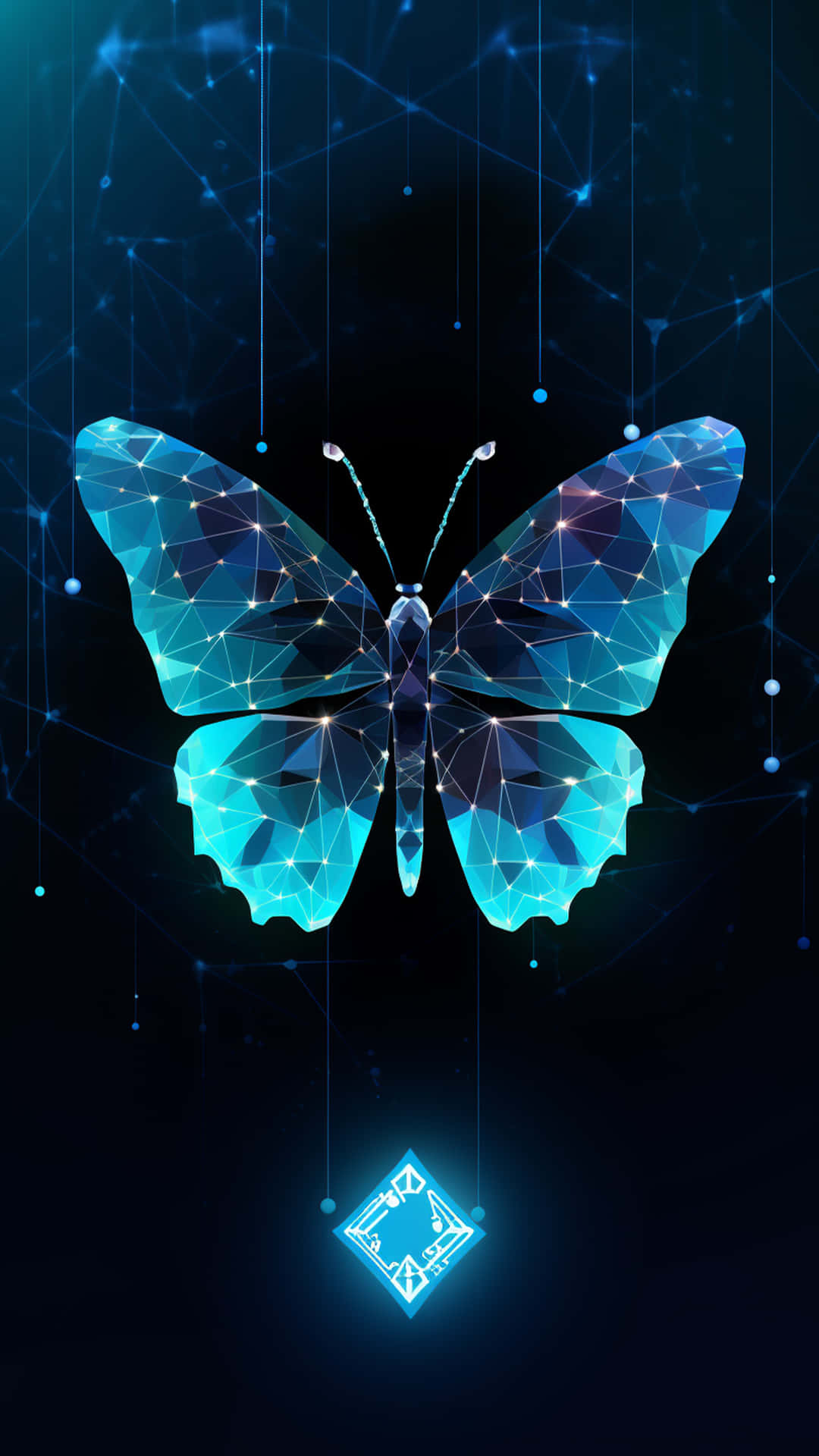 butterfly new design black background 壁紙 — 一隻發光的藍色幾何蝴蝶，帶有星狀節點，漂浮在黑暗的數位網路背景上。