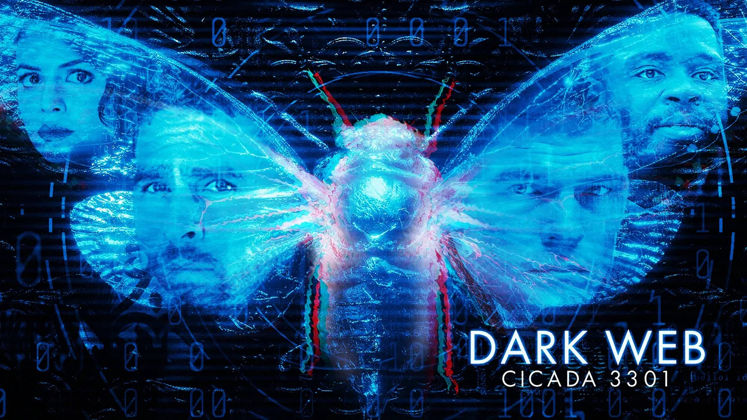 Cicada 桌布 壁紙 — 一隻發光的藍色數位蟬，翅膀上疊加著人臉，背景為二進位代碼。