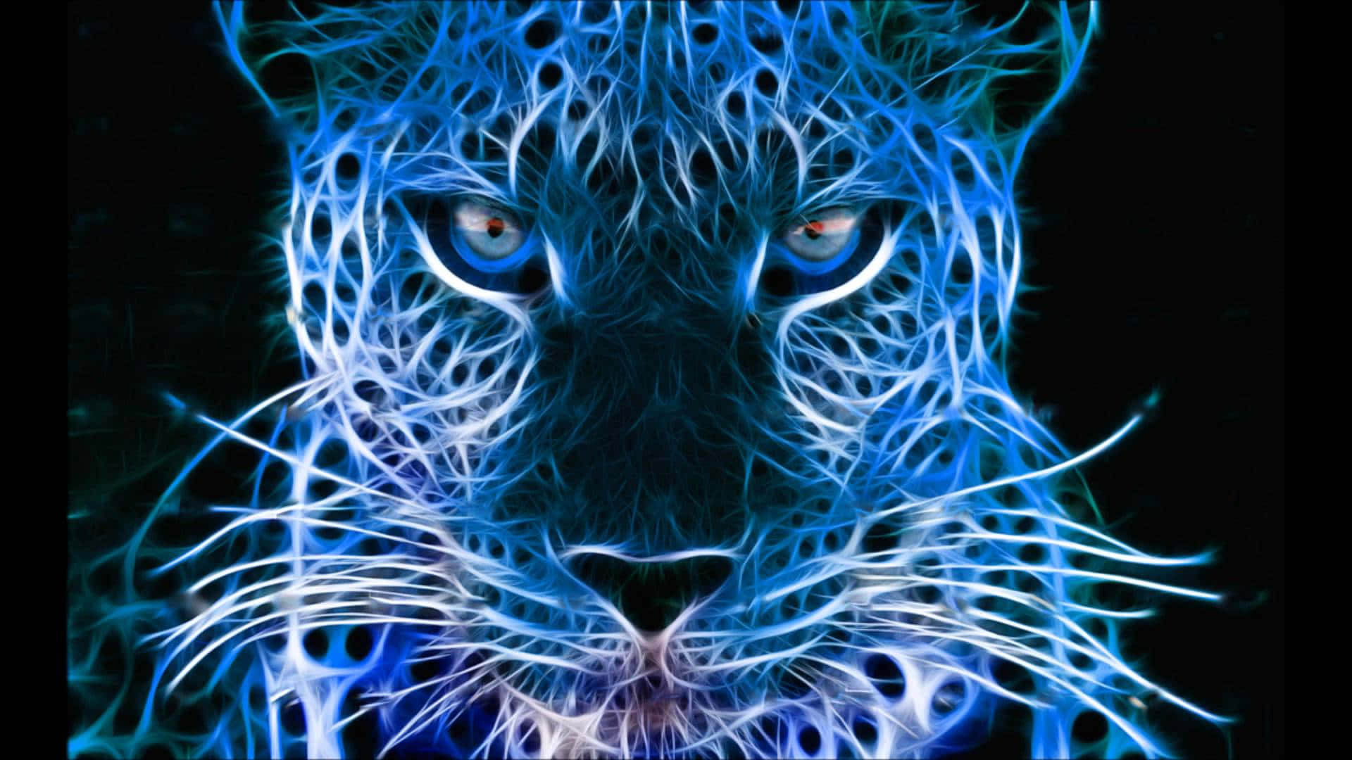 Leopard 桌布 壁紙 — 一隻發光的藍色數位豹，帶有電光毛皮和銳利的橙色眼睛，在黑色背景下強烈凝視。