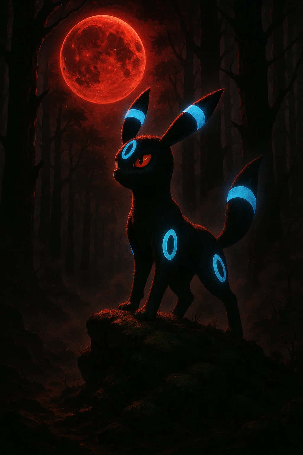 Umbreon Pokemon 4K HD Wallpaper WEBP MOBILE Backgrounds 壁紙 — 一隻發光的藍色月伊布在黑暗森林中，站在一塊長滿苔蘚的石頭上，警惕地注視著巨大的紅色月亮。