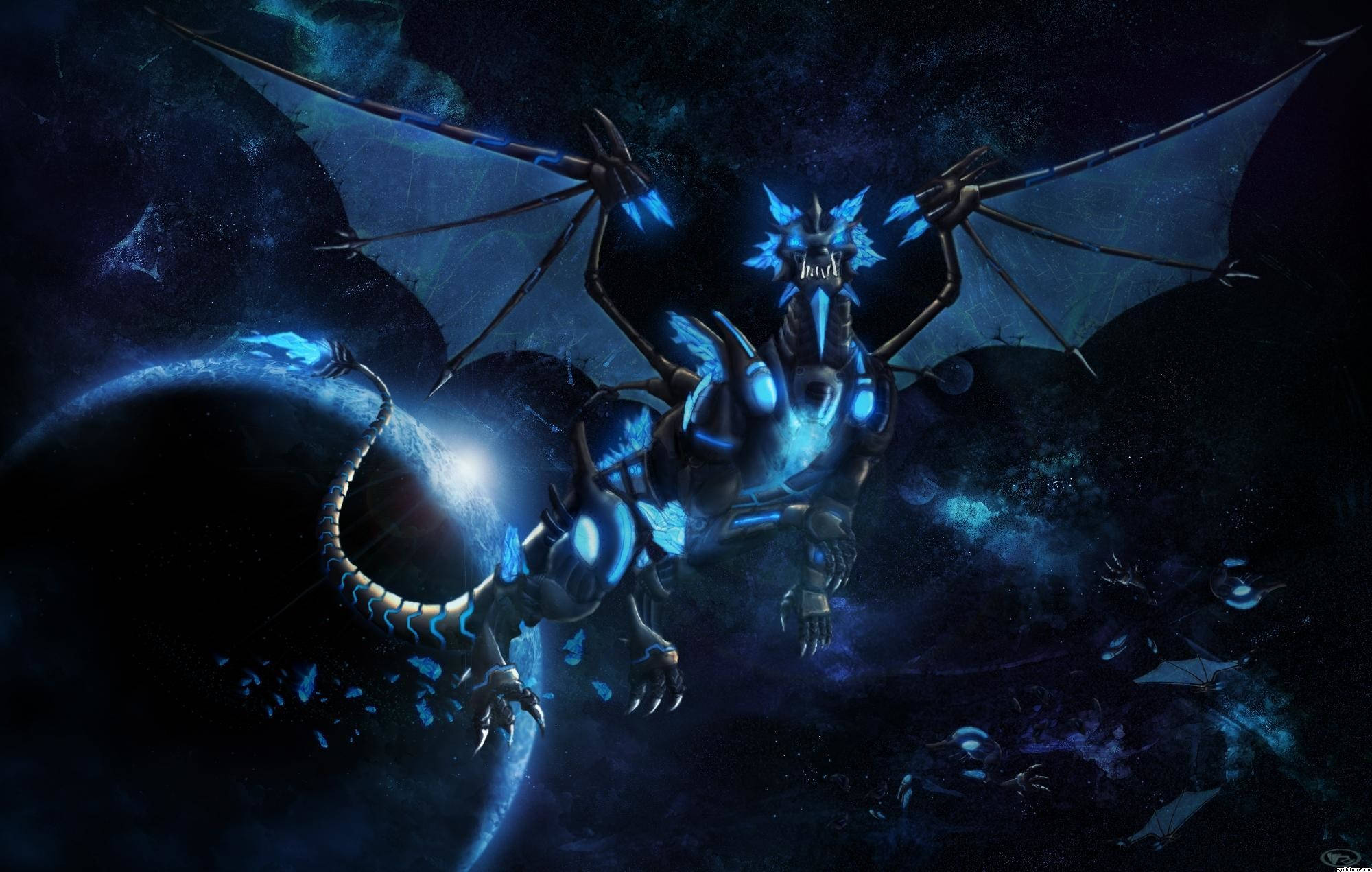 Coolest Dragon 桌布 壁紙 — 一隻發光的藍色機械龍在星空和星雲的背景中翱翔於宇宙虛空。