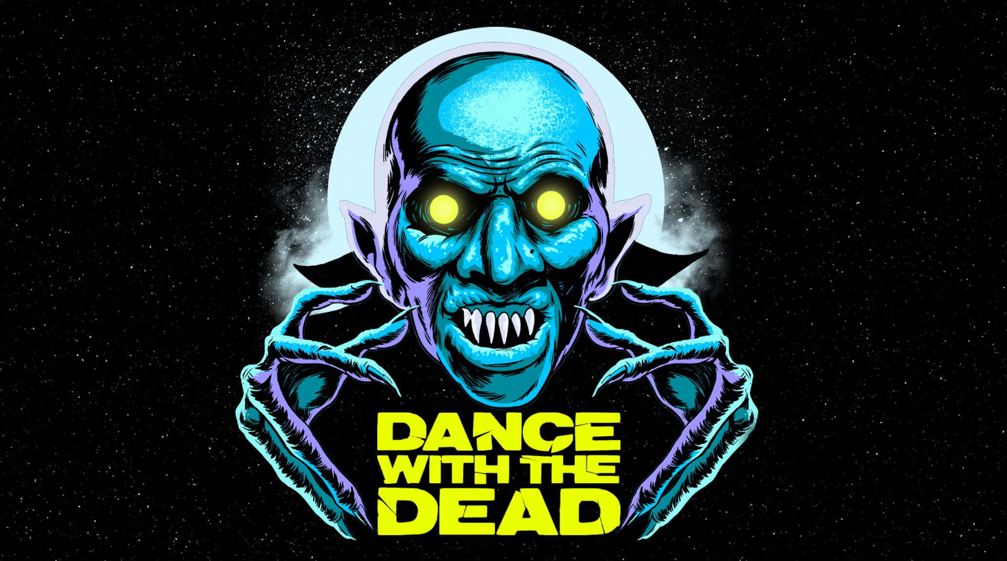 Halloween Music 桌布 壁紙 — 一隻發光的藍色殭屍，有著黃色眼睛和鋒利牙齒，從滿月中浮現，背景是繁星點點的夜空，下方有粗體黃色文字。