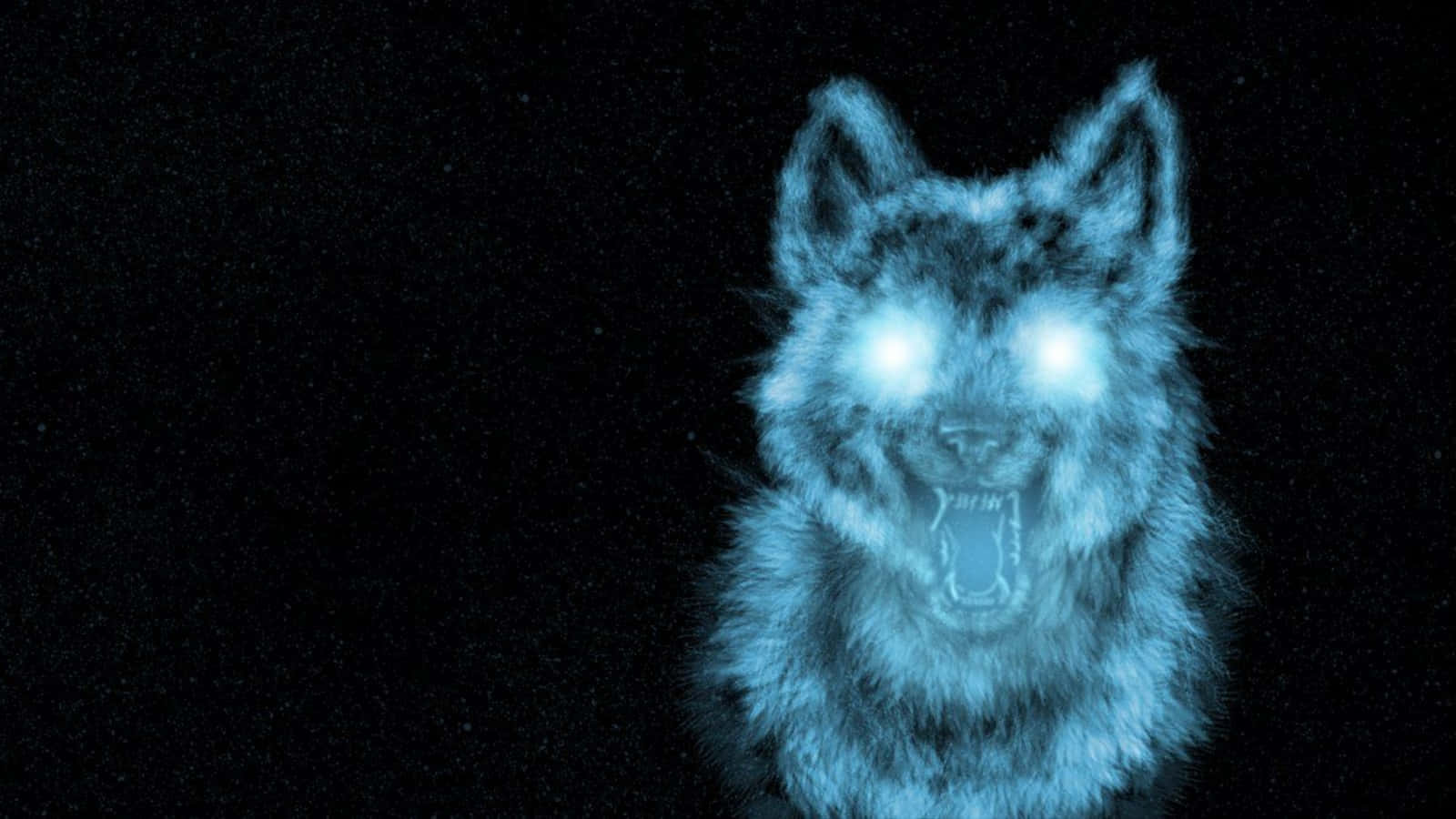 Blue Fire Wolf 桌布 壁紙 — 一隻發光的藍色狼人，眼睛明亮，在黑暗的星空背景下咆哮。