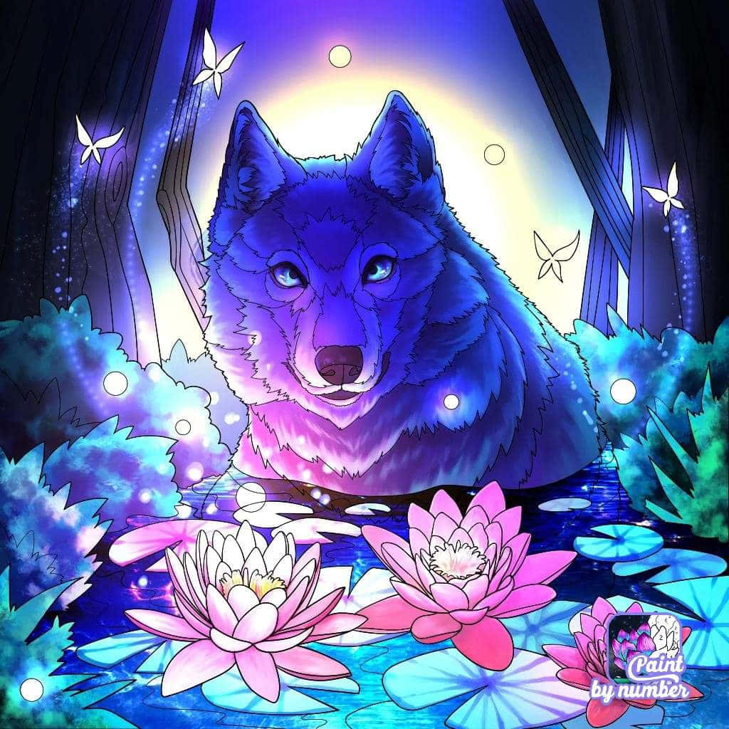 Beautiful Wolf 桌布 壁紙 — 一隻發光的藍色狼在月光下的池塘中靜靜地坐著，周圍環繞著粉紅色的睡蓮和翩翩起舞的白色蝴蝶。