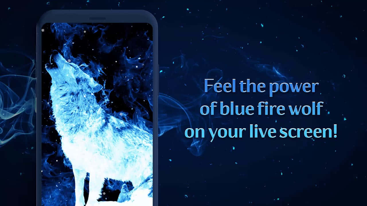 Fire And Ice Wolf 桌布 壁紙 — 一隻發光的藍色狼帶有火焰般的光環，在智慧型手機螢幕上對著繁星點點的夜空嚎叫。