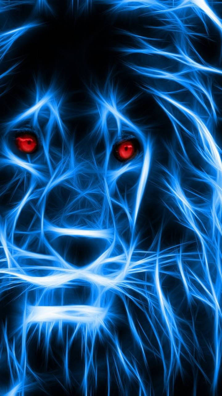 Lion Head 桌布 壁紙 — 一隻發光的藍色碎形獅子，帶有強烈的紅色眼睛，從黑暗的背景中凝視出來。