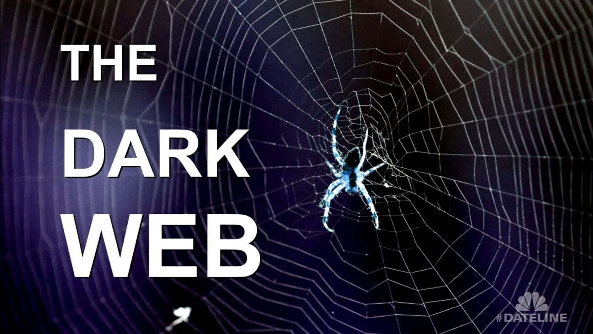 Dark Web 桌布 壁紙 — 一隻發光的藍色蜘蛛坐在一個精細的蜘蛛網中央，背景是深紫色，並有粗體白色文字寫著「THE DARK WEB」。