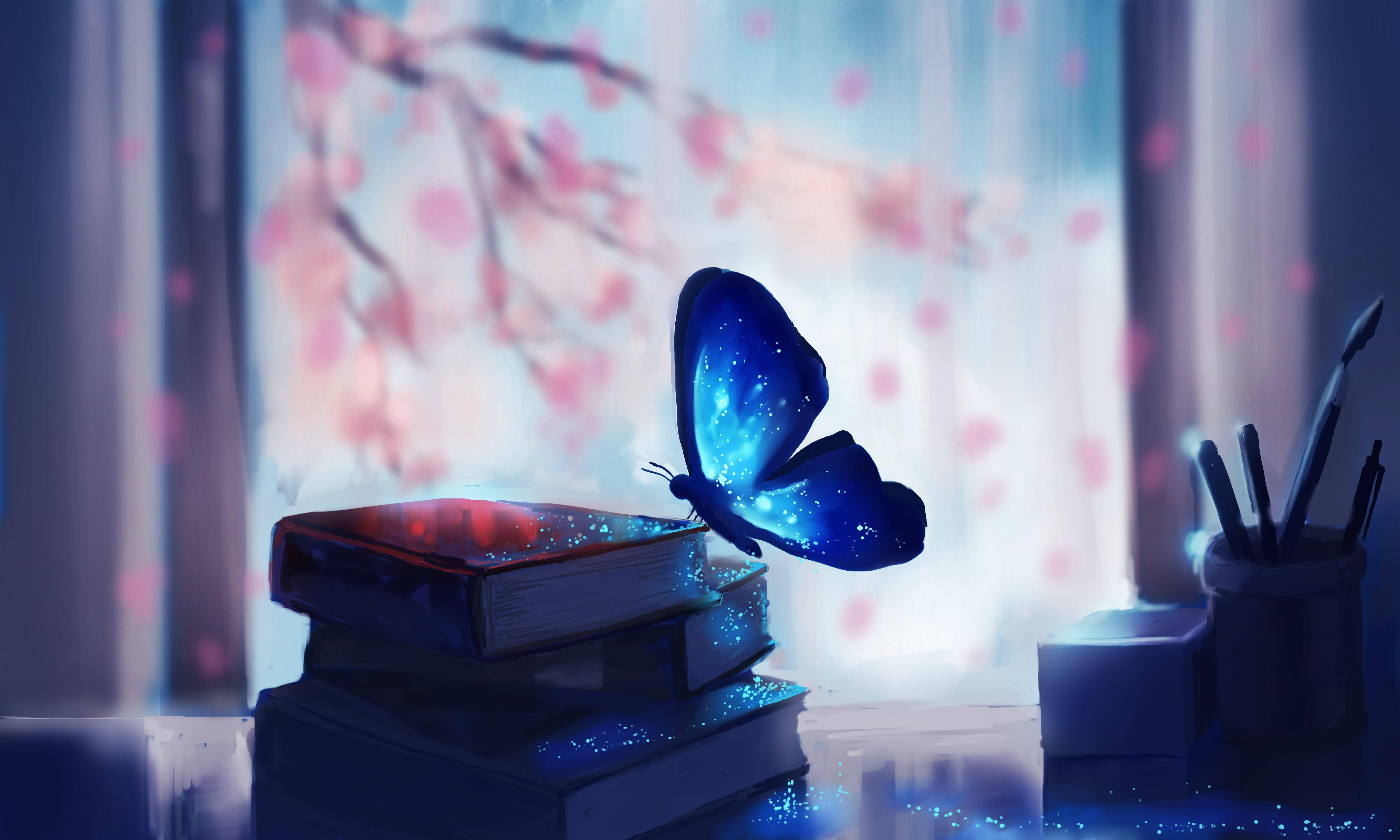 night butterfly 桌布 壁紙 — 一隻發光的藍色蝴蝶停在窗邊堆疊的書本上，窗外有粉紅色的櫻花在柔和的光線中飄舞。