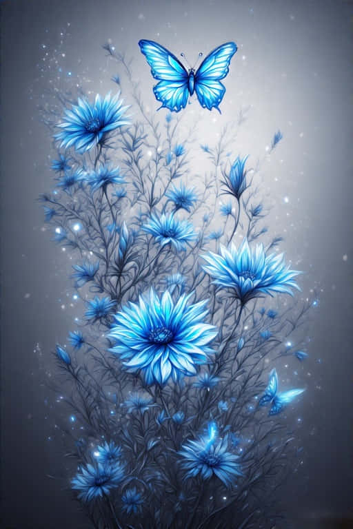 Blue Flowers and Glowing Butterflies Wallpaper 壁紙 — 一隻發光的藍色蝴蝶在柔和的灰色背景上，伴隨著閃爍的粒子，懸浮在一簇燦爛的藍色花朵上方。