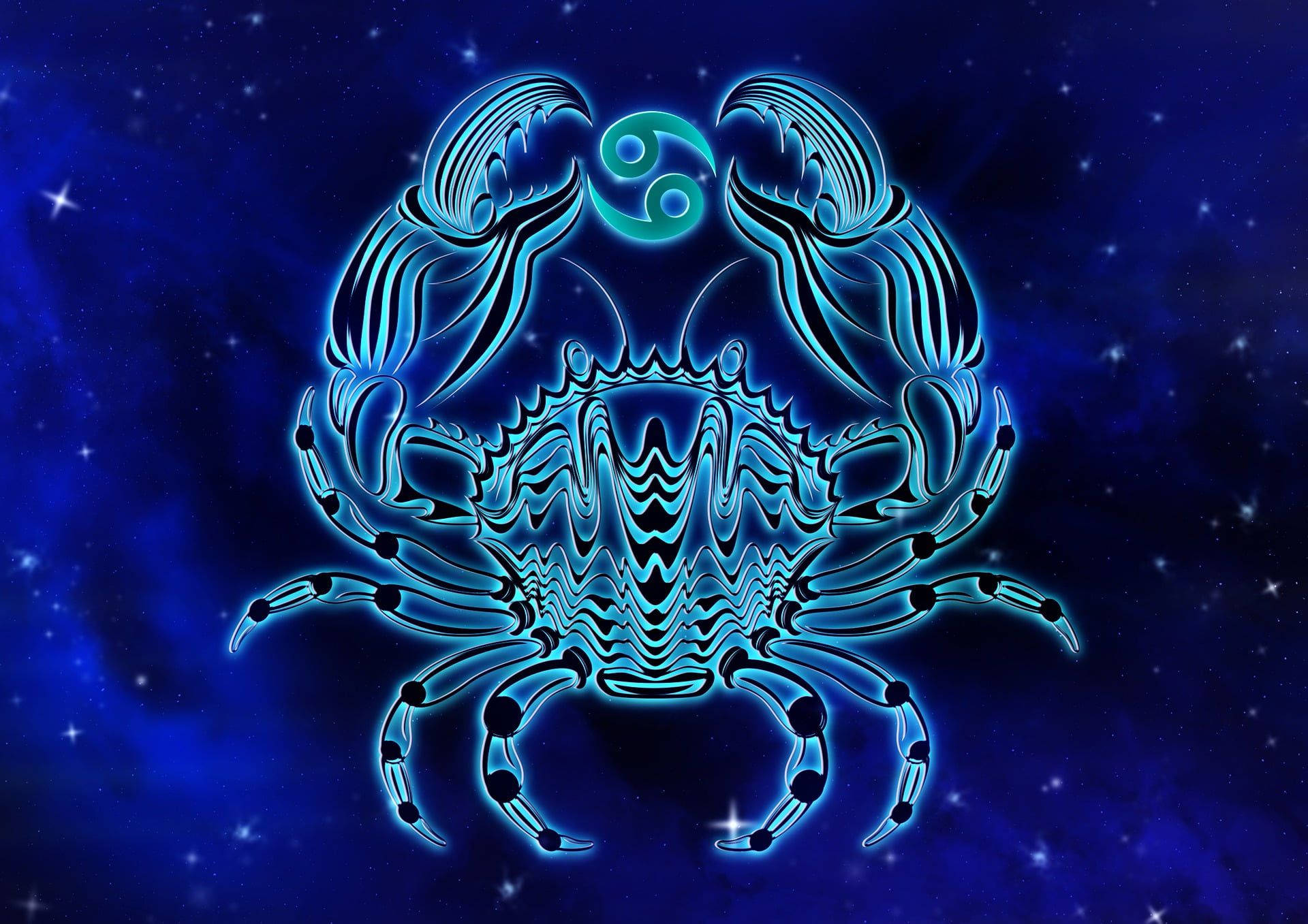 星座運勢 桌布 壁紙 — 一隻發光的藍色螃蟹，身上有複雜的圖案，背上有一個陰陽符號，漂浮在星空宇宙背景上。