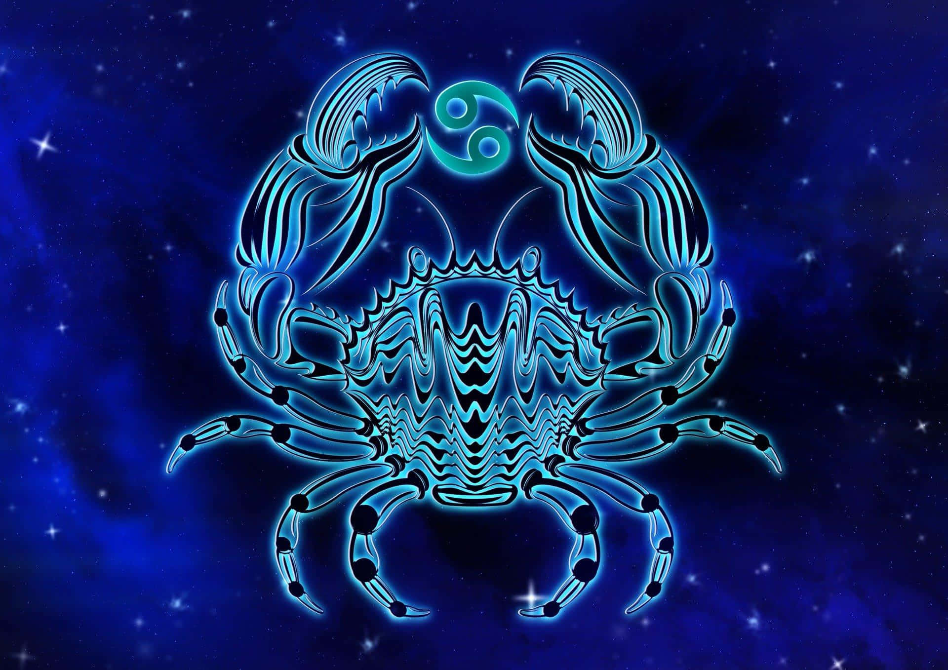 Cancer Zodiac Sign 桌布 壁紙 — 一隻發光的藍色螃蟹，身上有複雜的圖案，背上有一個陰陽符號，漂浮在星空宇宙背景上。