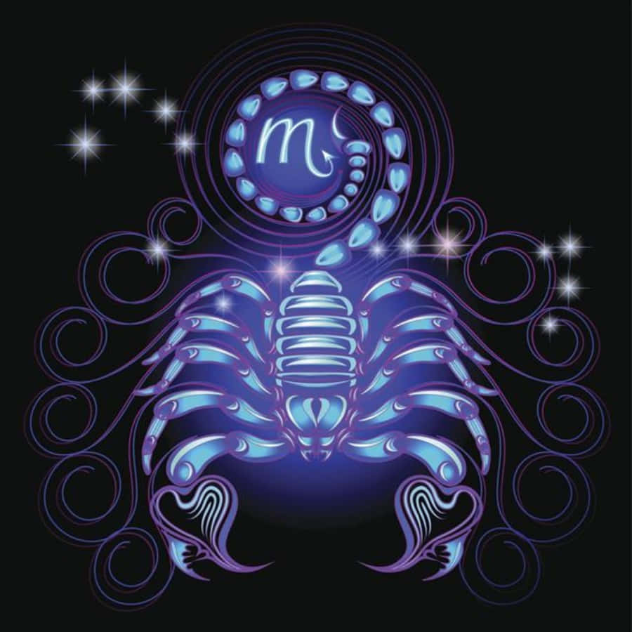 Scorpio 桌布 壁紙 — 一隻發光的藍色蠍子，帶有華麗的漩渦和星星，在黑暗背景下散發神秘能量。