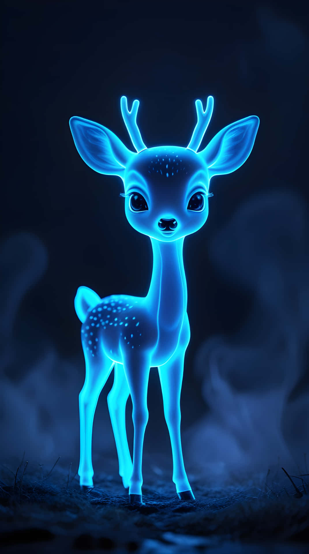 A little baby deer 壁紙 — 一隻發光的藍色霓虹鹿，身上有斑點皮毛，站在黑暗霧氣瀰漫的森林中，眼睛睜大，耳朵豎起。